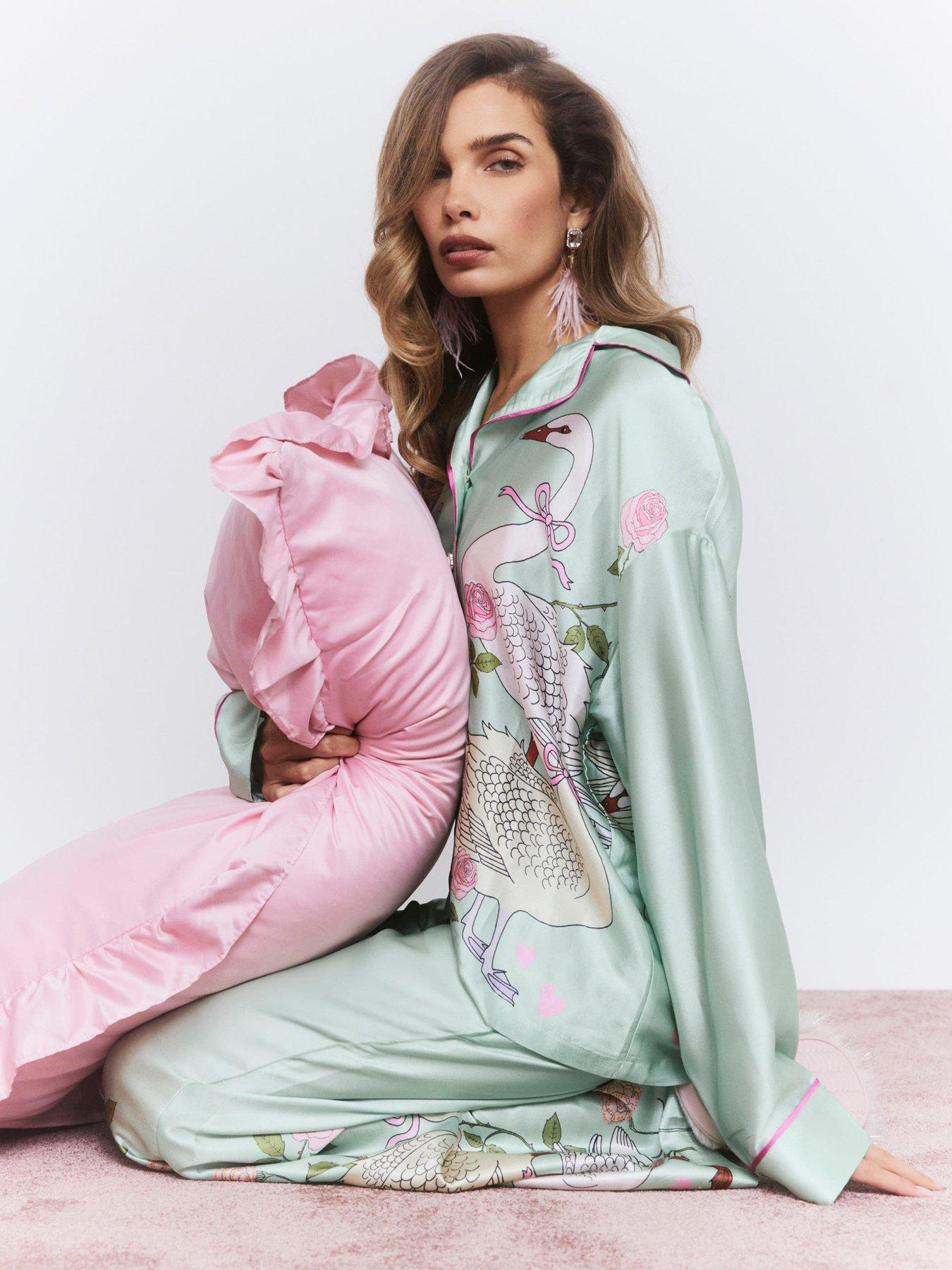 Image 4 of 6 of River Island Womens Swan Satin Long Sleeve Pyjama Set - Green