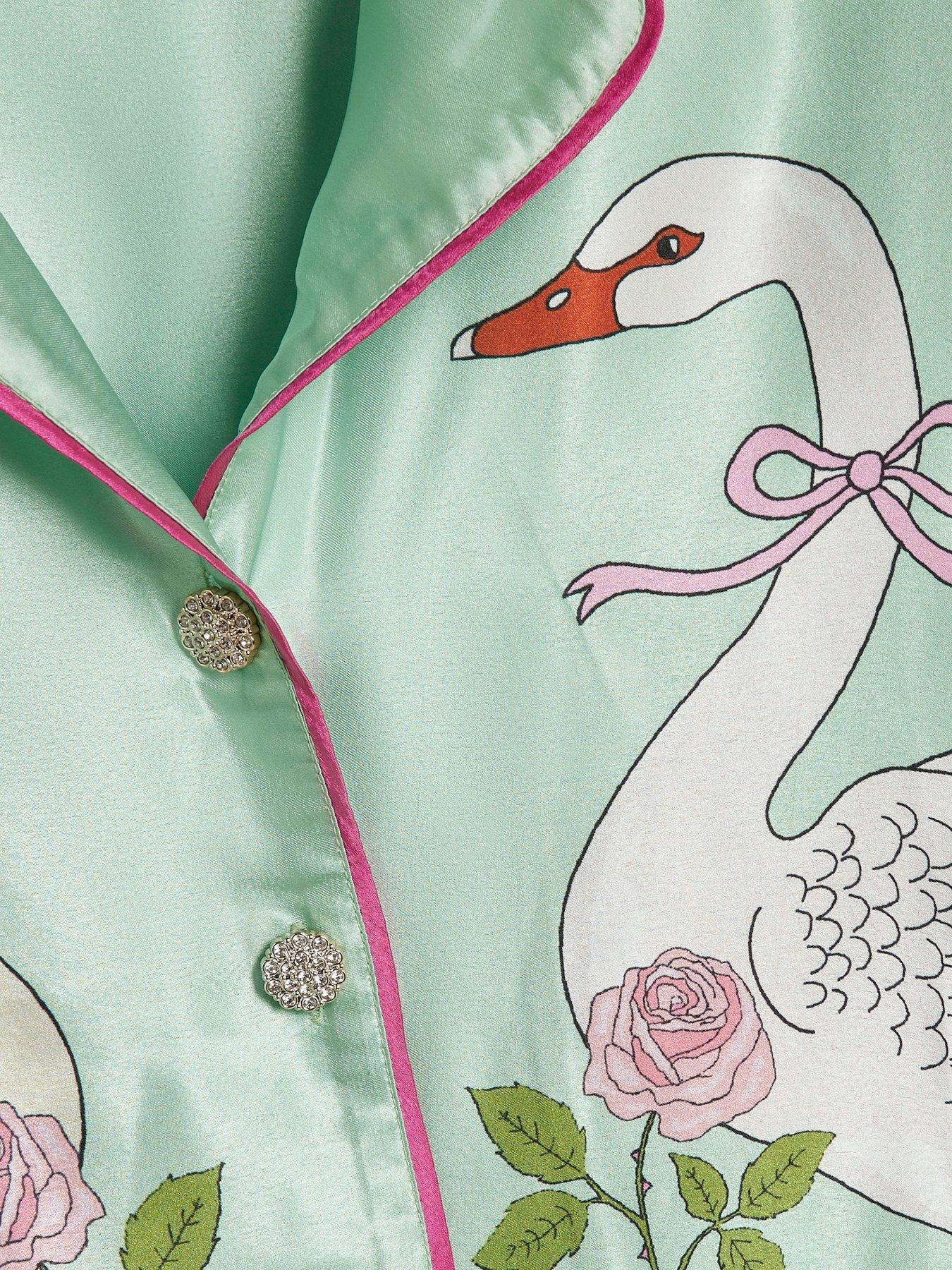 Image 5 of 6 of River Island Womens Swan Satin Long Sleeve Pyjama Set - Green