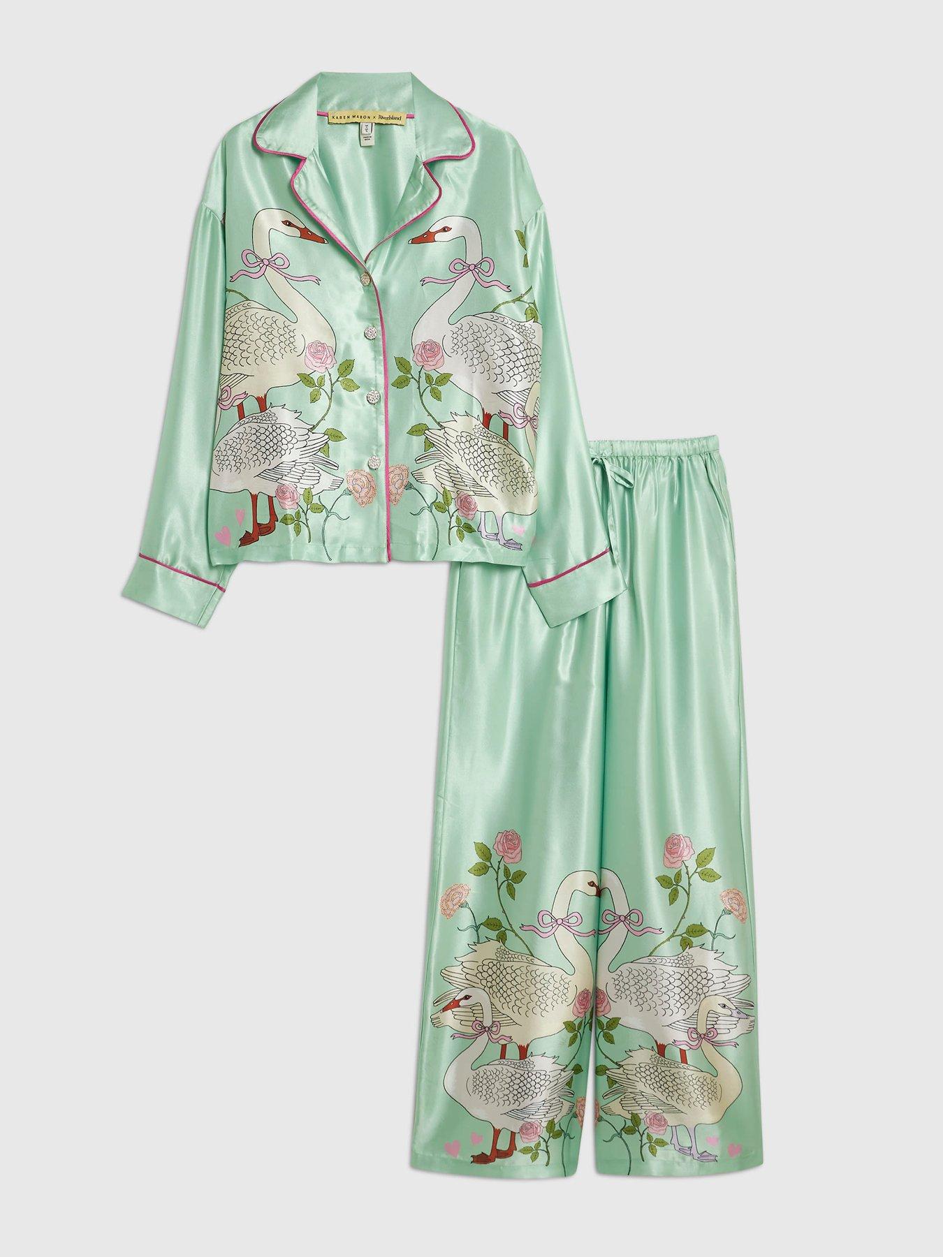 Image 6 of 6 of River Island Womens Swan Satin Long Sleeve Pyjama Set - Green