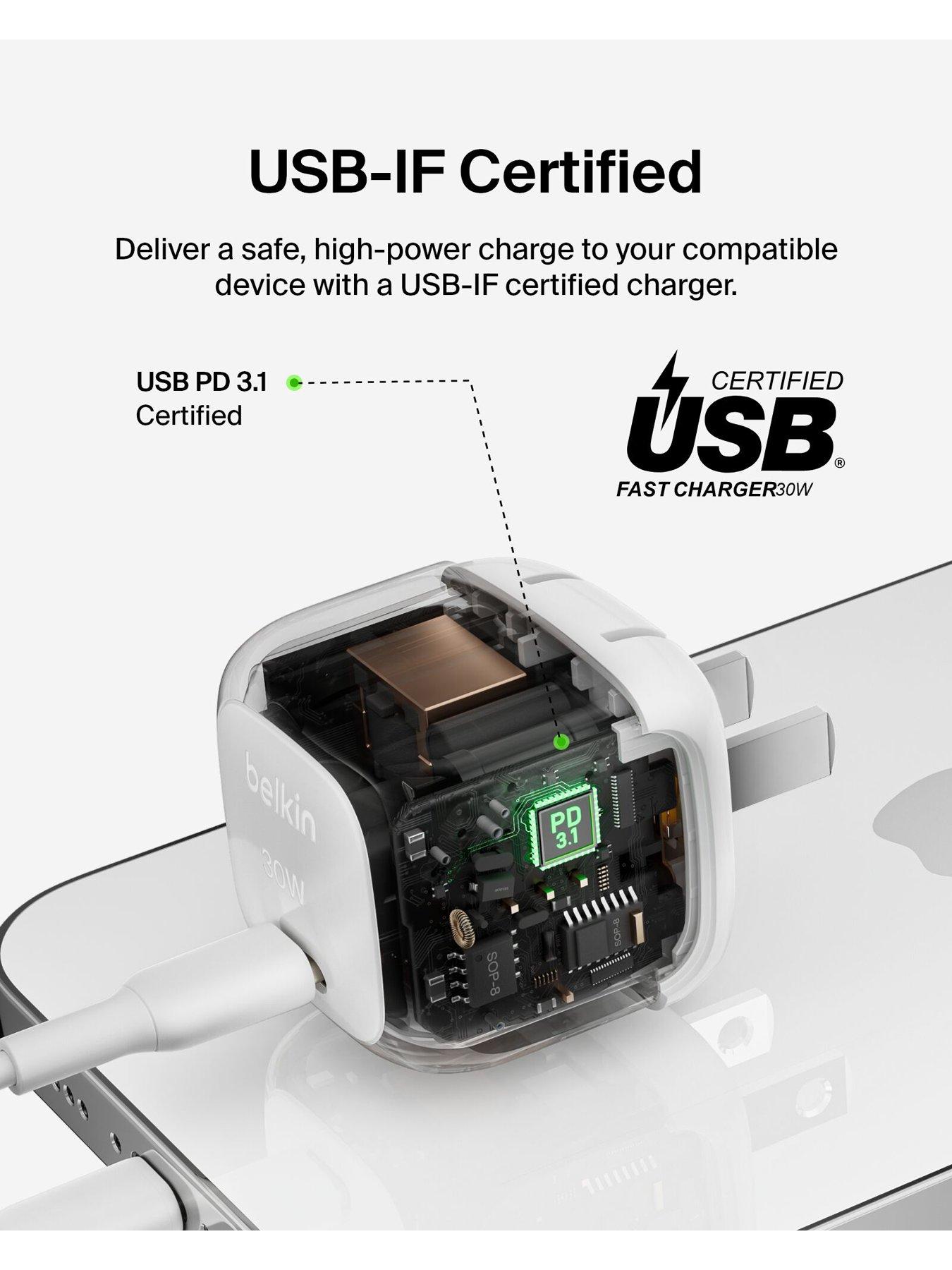 Image 3 of 5 of Belkin 30W USB-C Charger with Folding Pins &amp; Lightning Cable - White