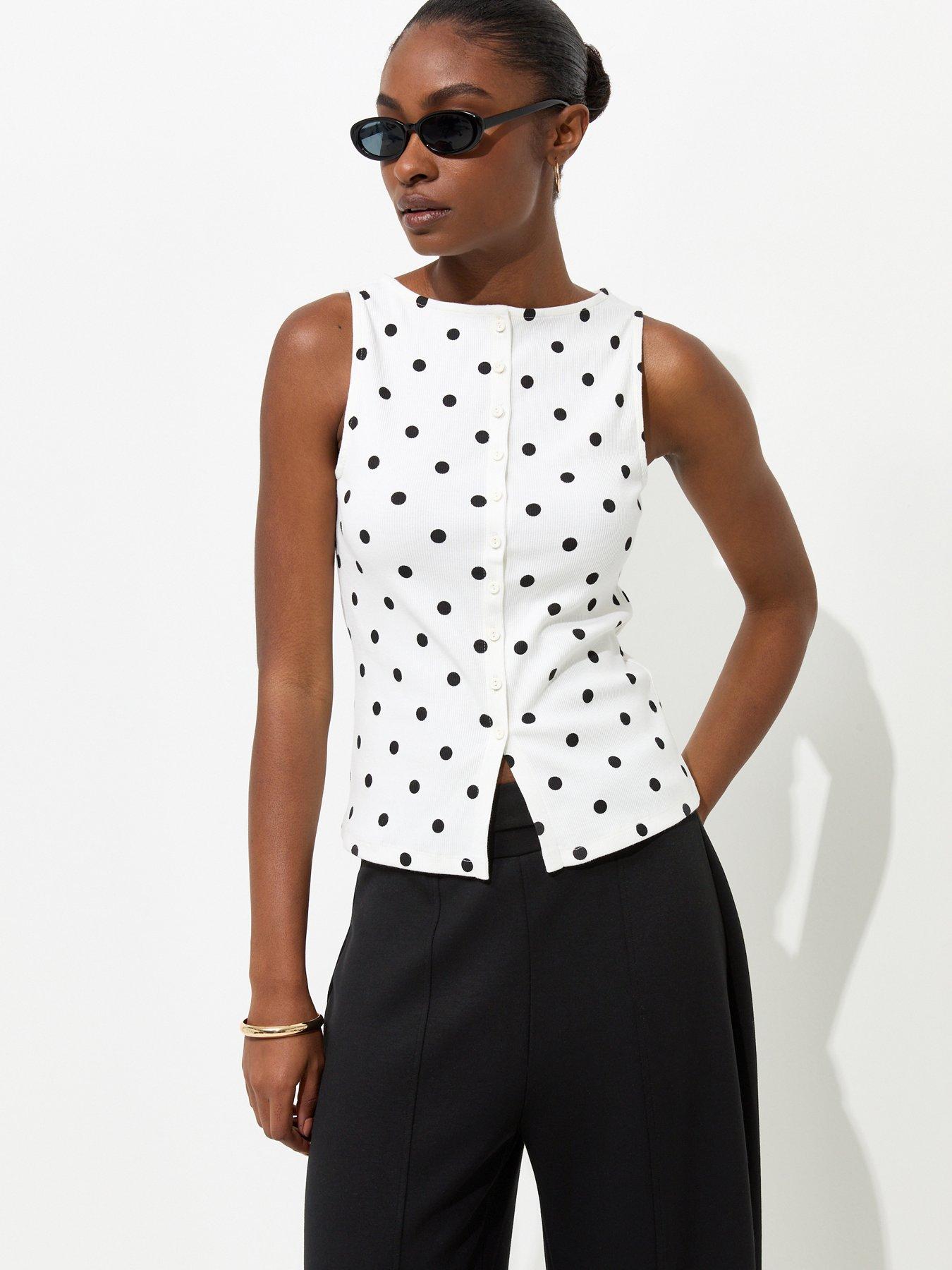 Image 1 of 4 of New Look Cotton Rich Spot Print Button Through Top - Cream