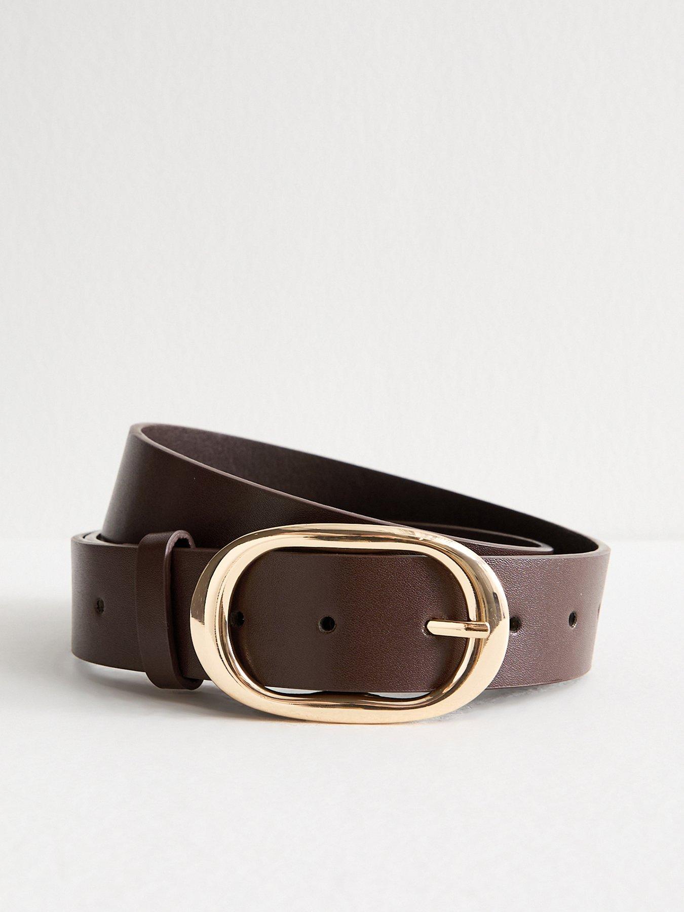 Image 1 of 2 of New Look Faux Leather Oval Buckle Belt - Brown