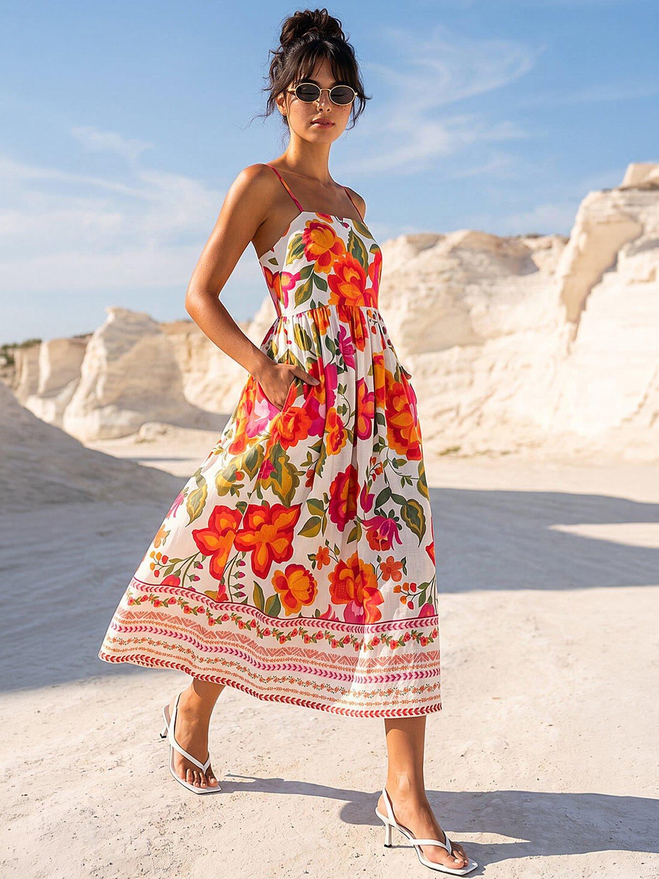 Roman Dusk Cotton Floral Border Midi Dress