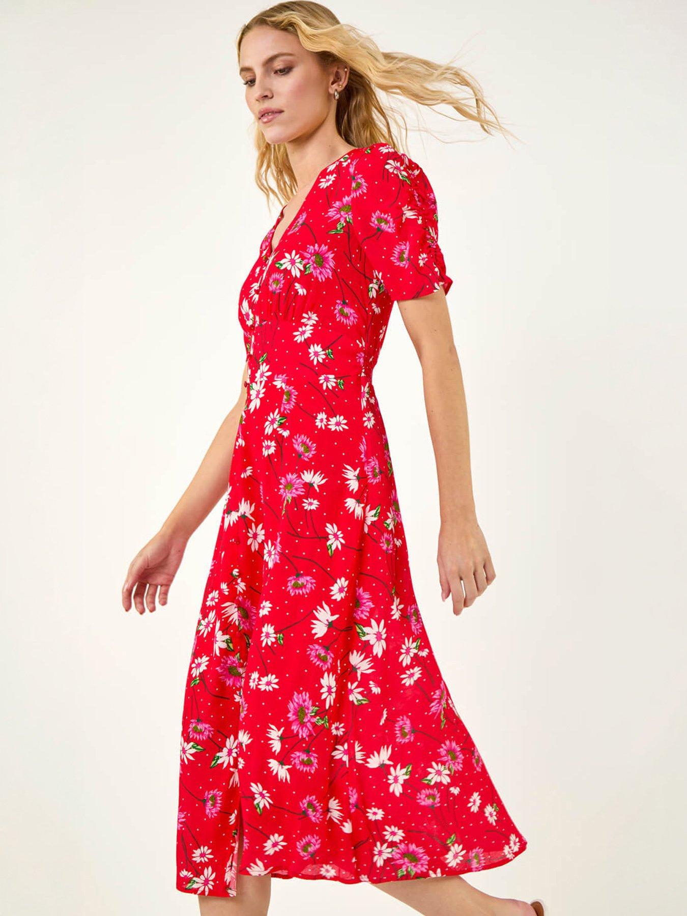 Roman Floral Ruched Sleeve Dress