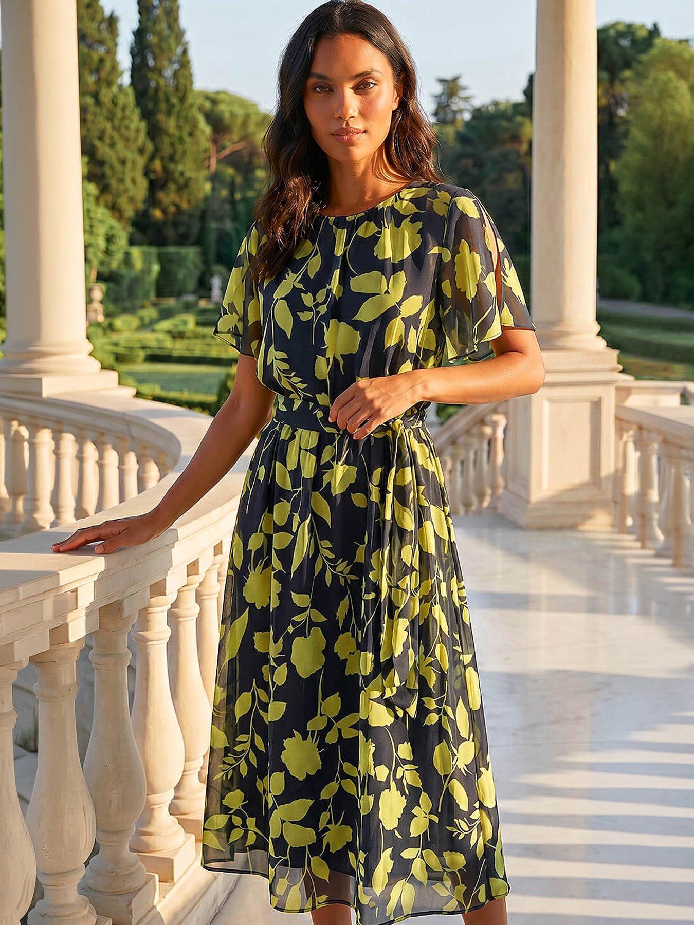 Roman Floral Split Sleeve Midi Dress