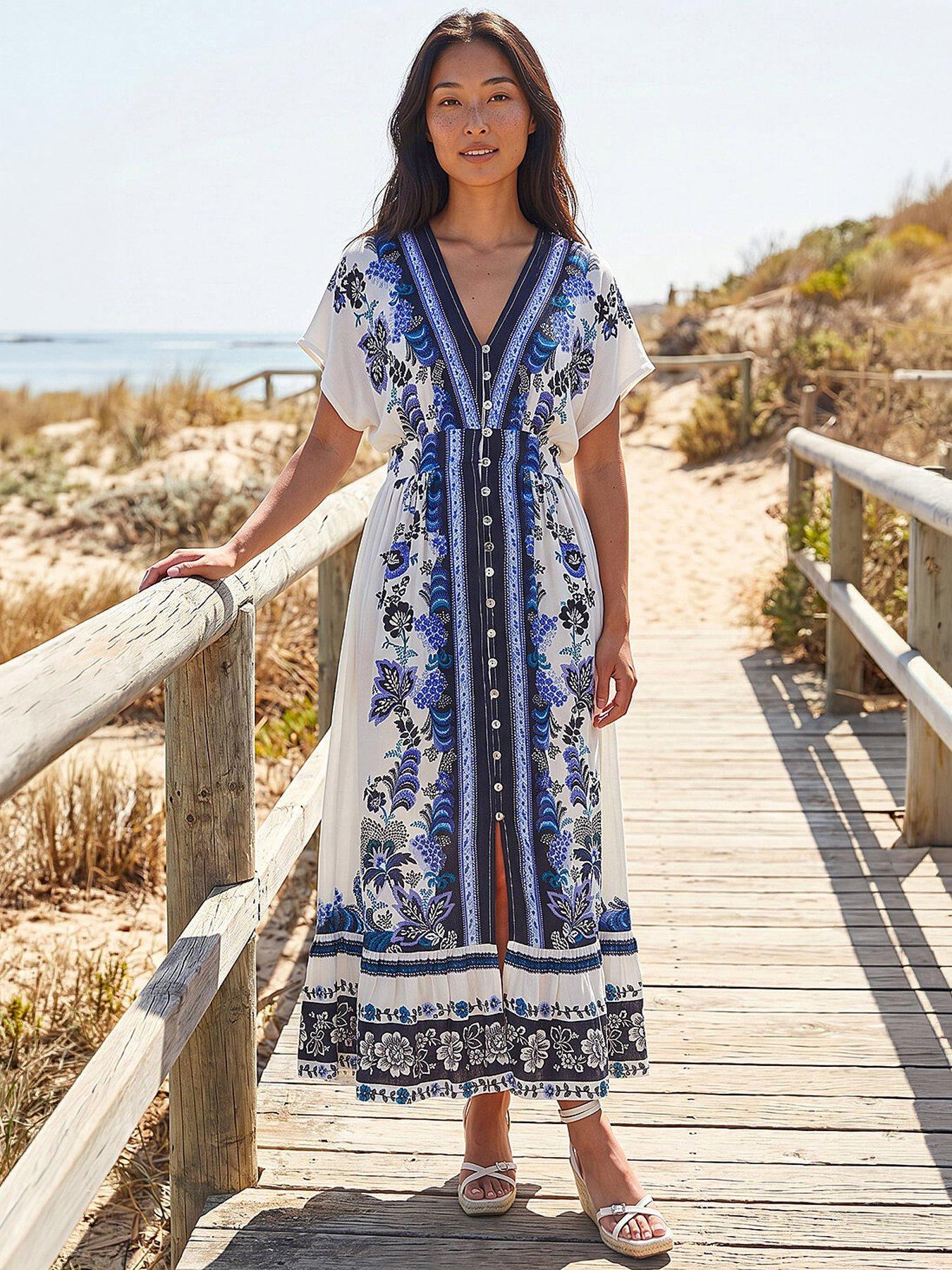 Roman Petite Border Print V-neck Midi Dress