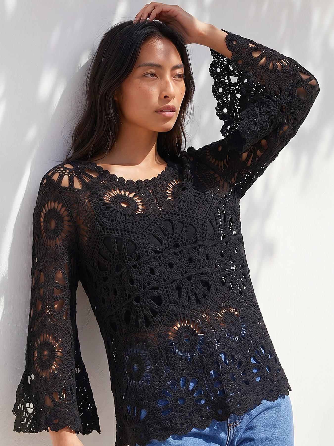 Roman Petite Crochet Flare Sleeve Top