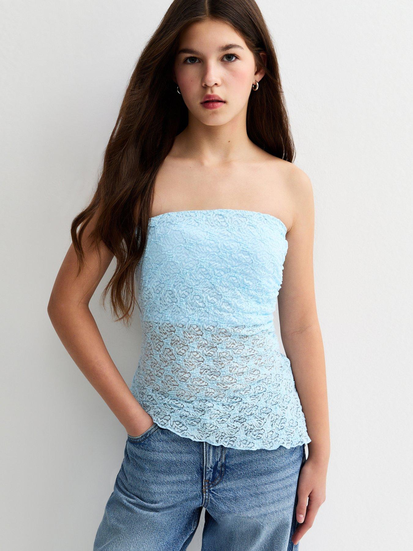 New Look 915 Girls Jersey Lace Asymmetric Bandeau Top - Light Blue
