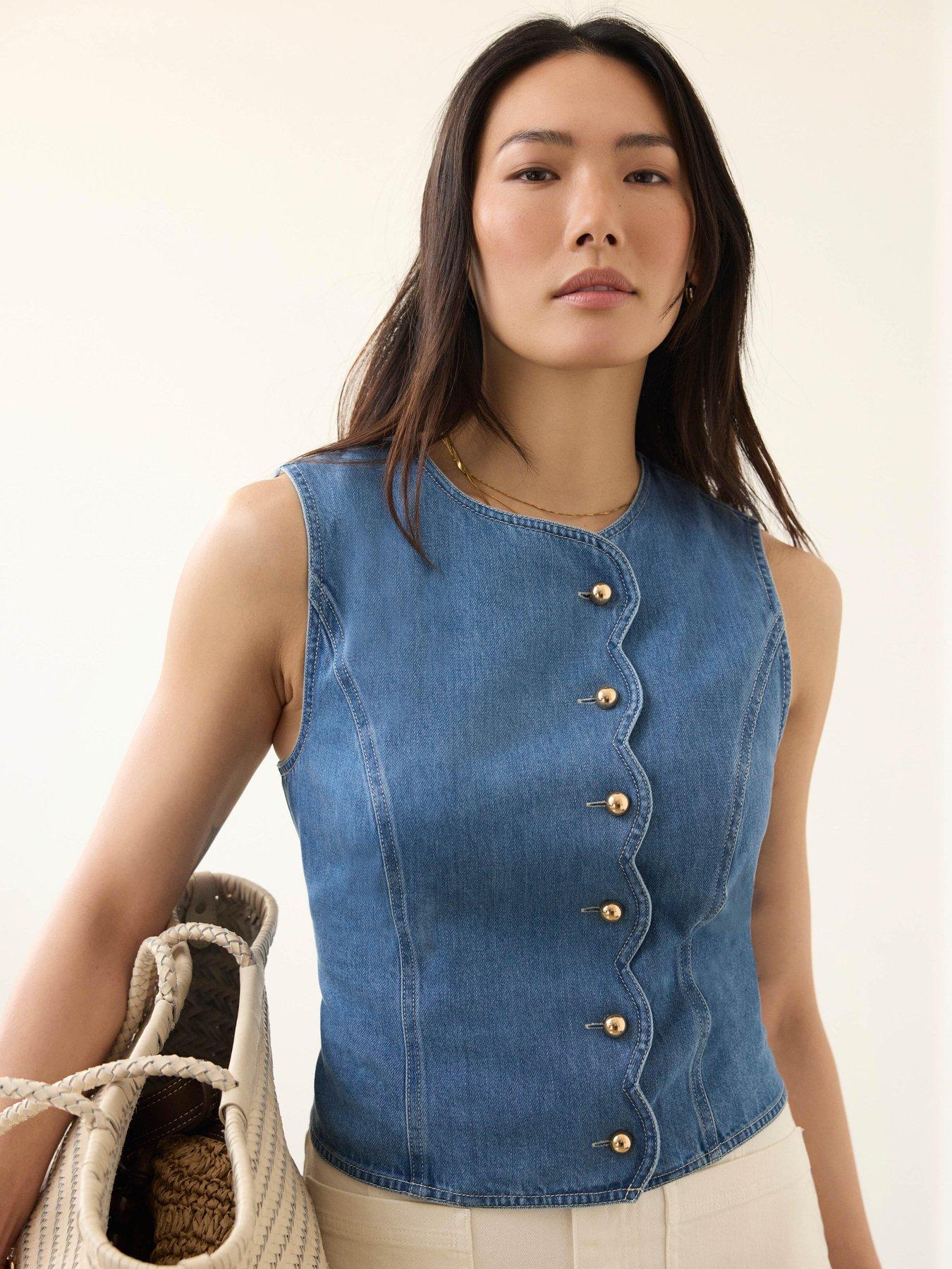 Mint Velvet Indigo Denim Scallop Waistcoat - Blue