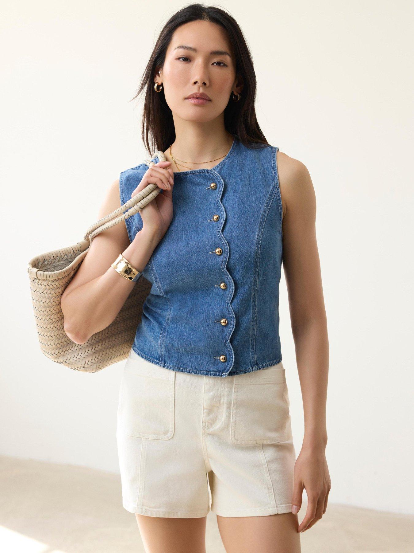 Image 3 of 6 of Mint Velvet Indigo Denim Scallop Waistcoat - Blue