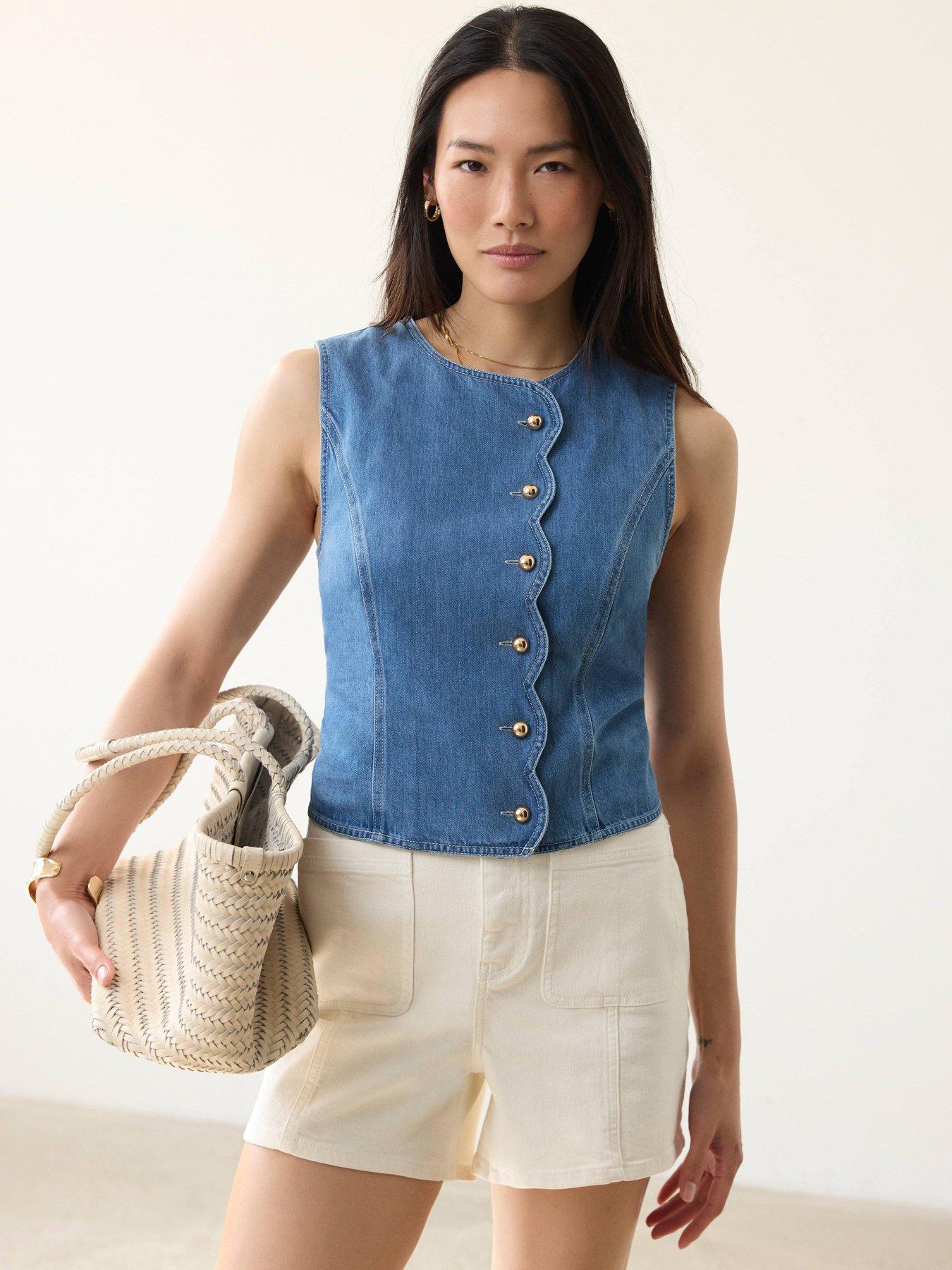 Image 4 of 6 of Mint Velvet Indigo Denim Scallop Waistcoat - Blue
