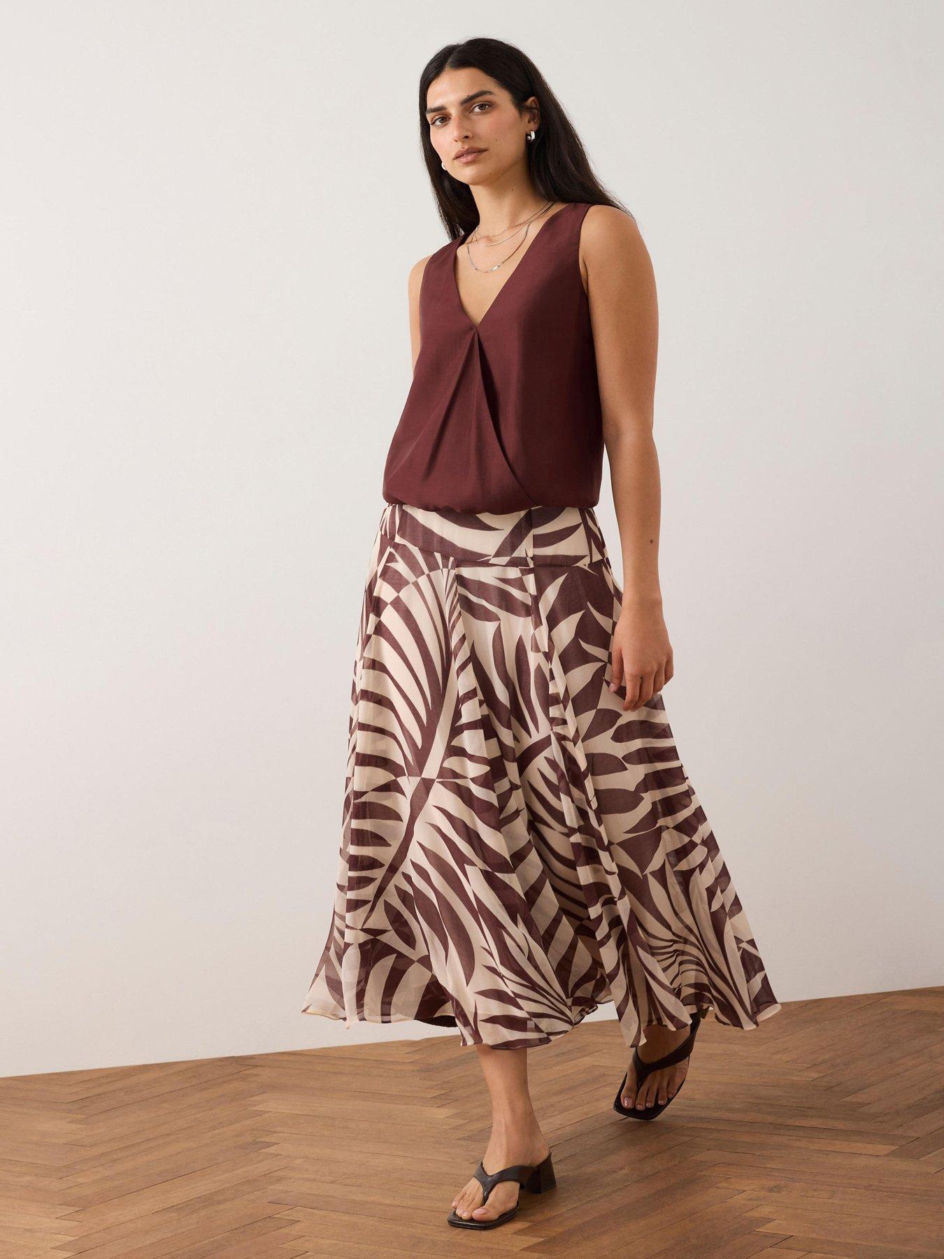Mint Velvet Palm Print Drop Waist Skirt - Red