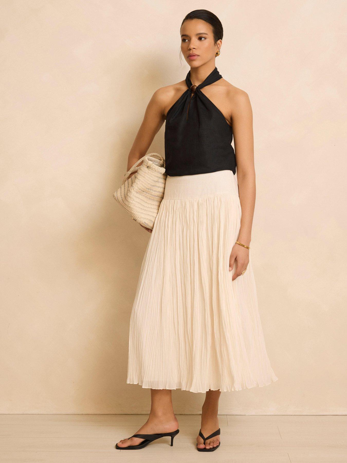 Image 1 of 6 of Mint Velvet Drop Waist Crinkle Midi Skirt - Ivory