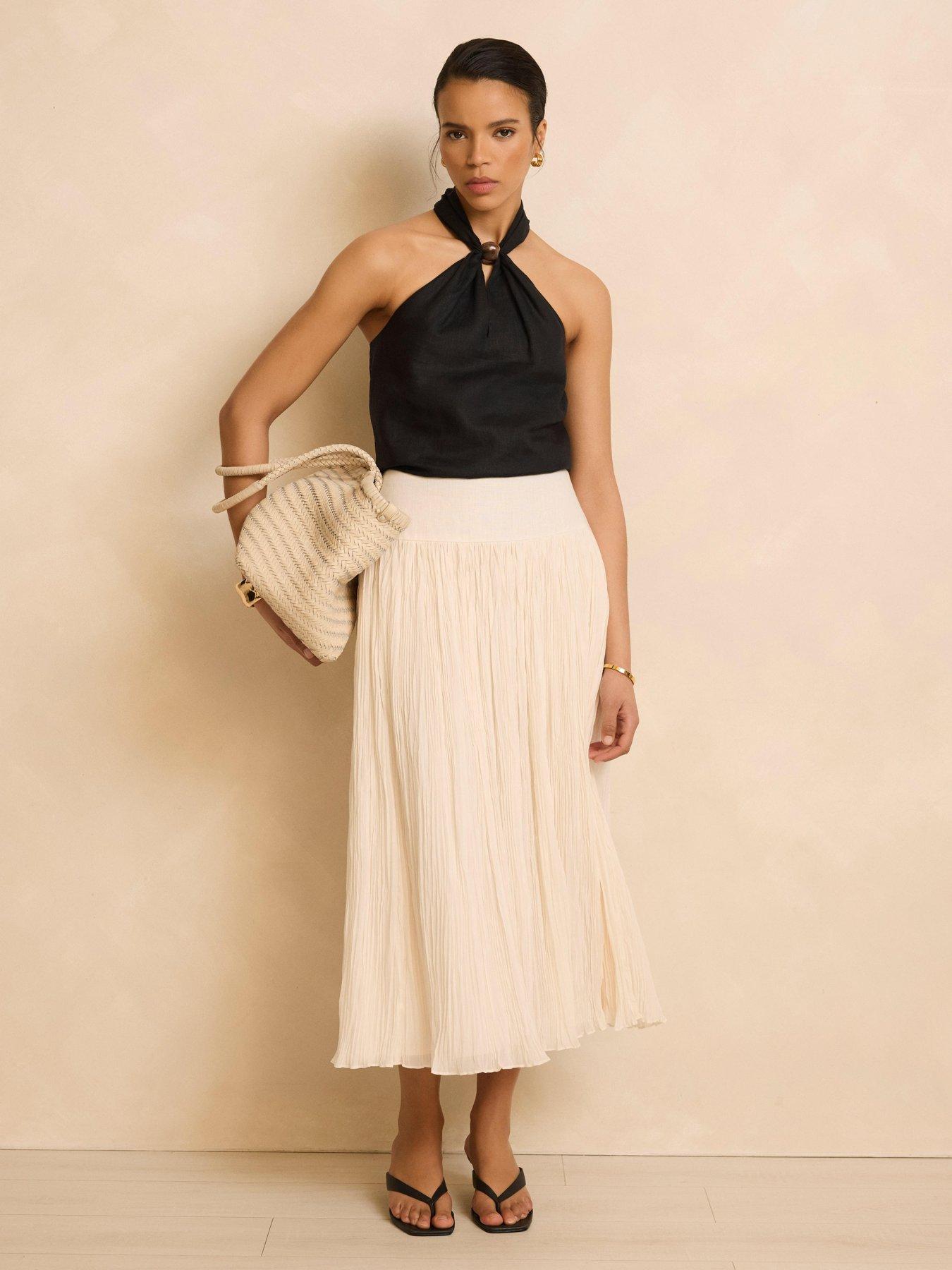 Image 2 of 6 of Mint Velvet Drop Waist Crinkle Midi Skirt - Ivory