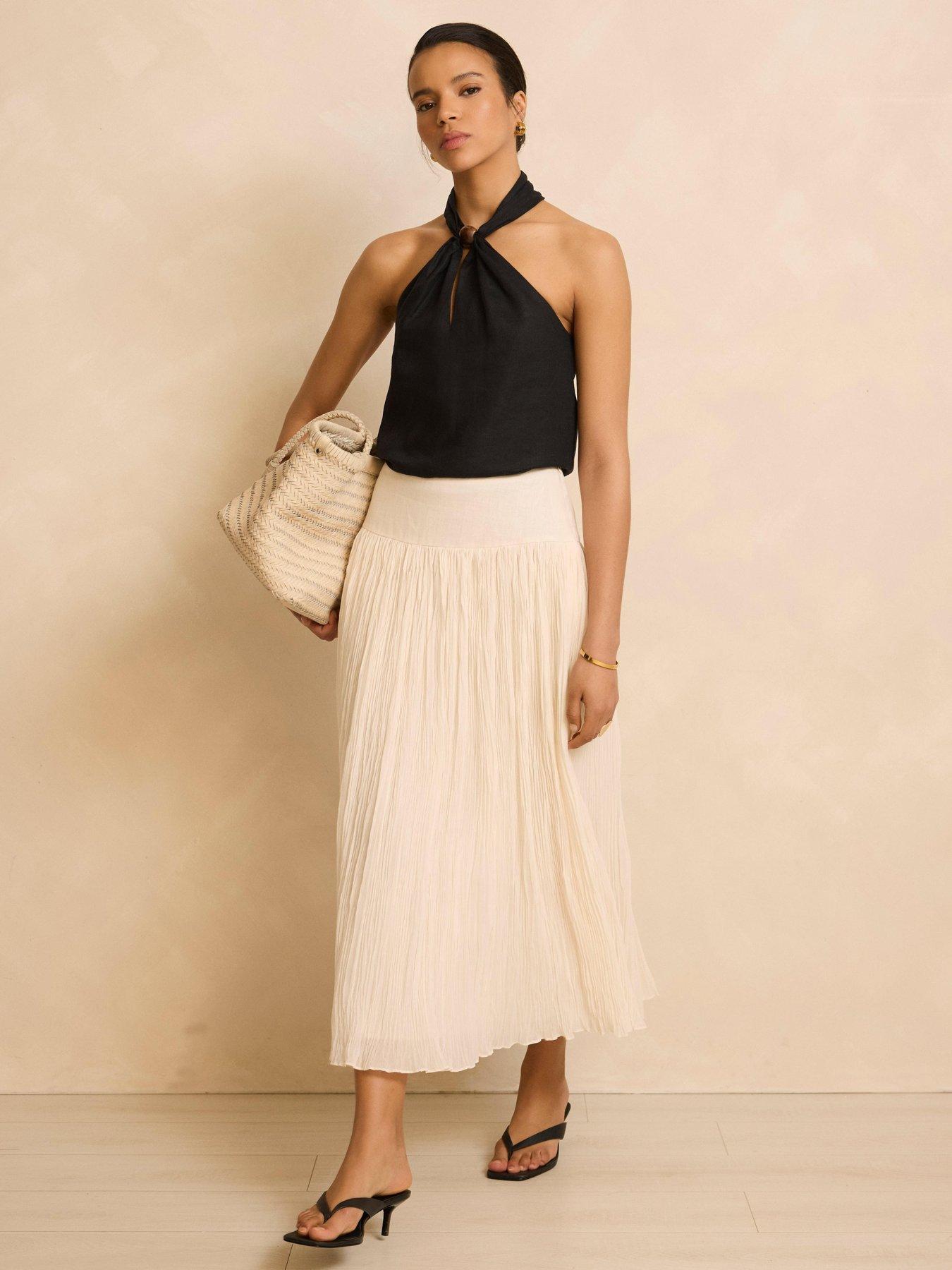 Image 4 of 6 of Mint Velvet Drop Waist Crinkle Midi Skirt - Ivory