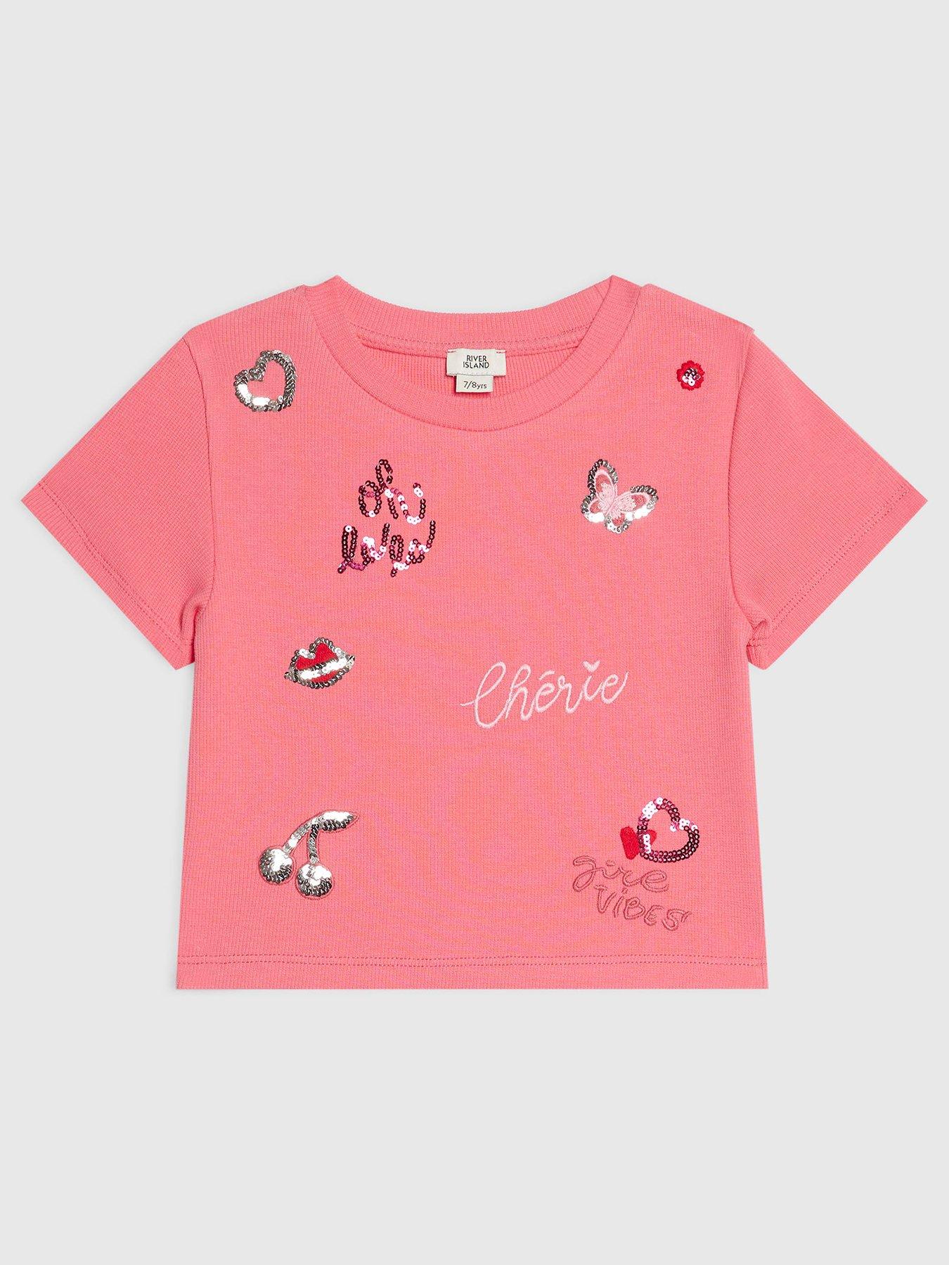 River Island Older Girls Sequin Embroidered T-Shirt - Pink