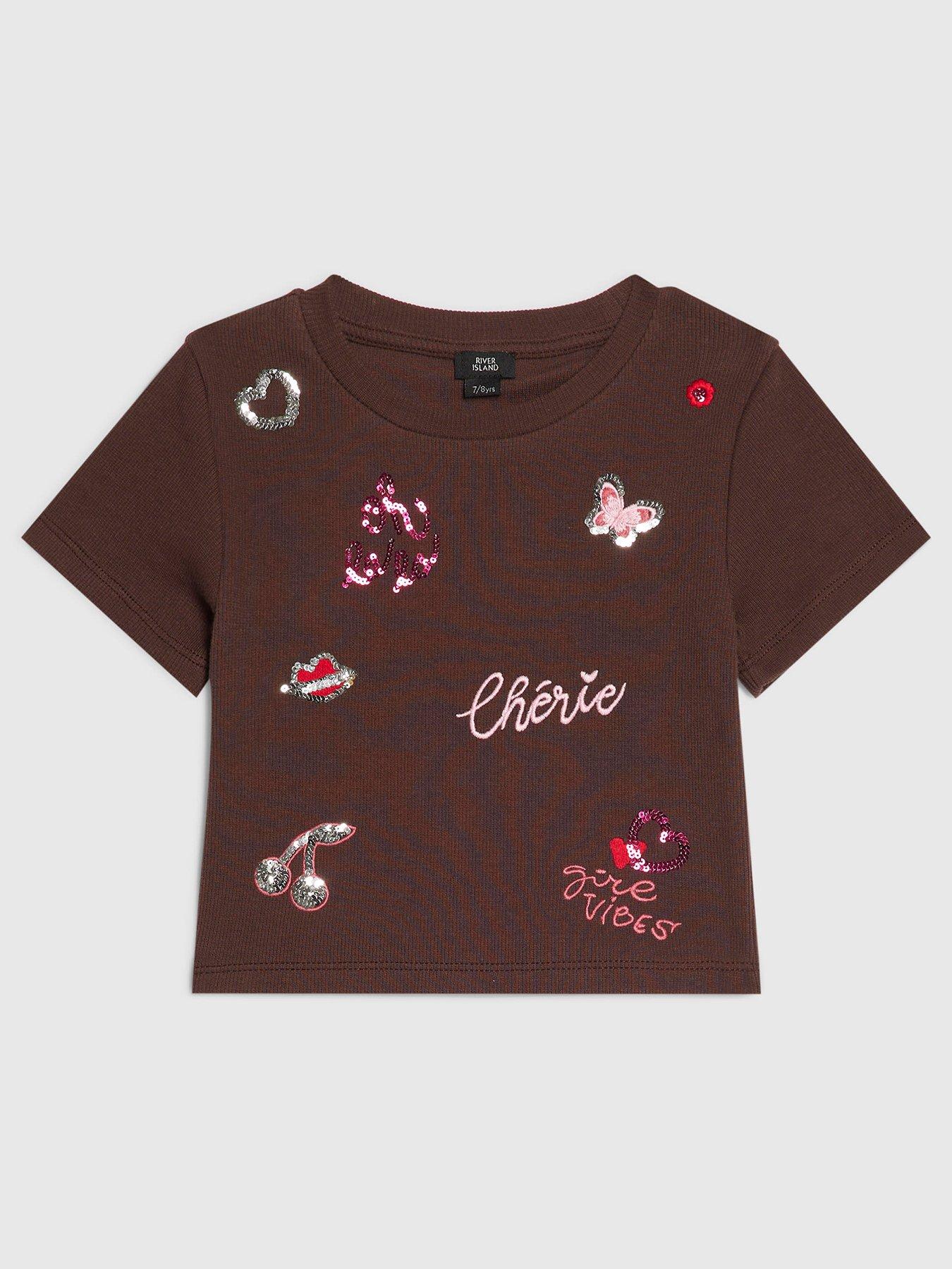 River Island Older Girls Sequin Embroidered T-Shirt - Brown