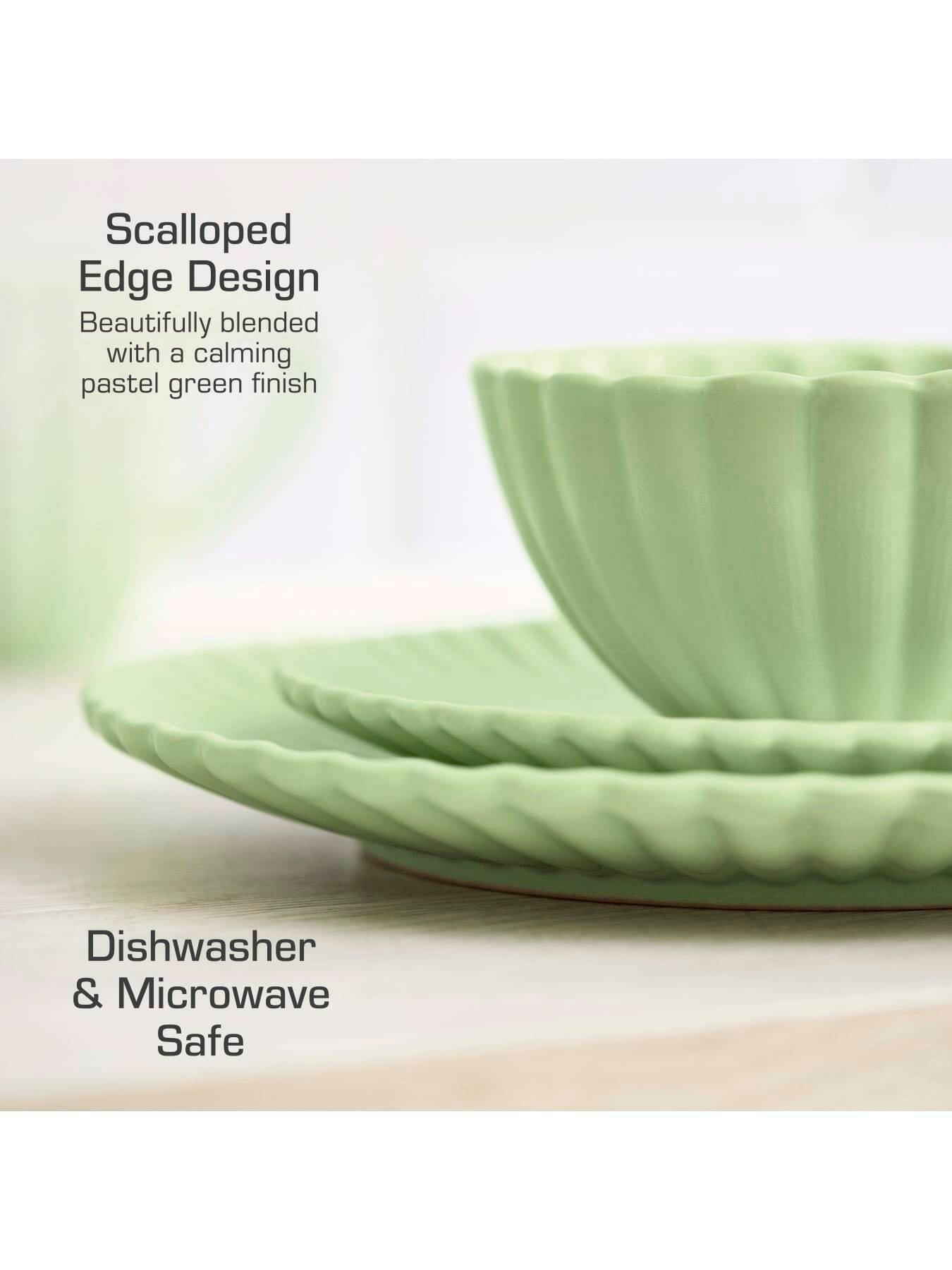 Image 4 of 8 of Swan 16 Piece Scallop Edge Stoneware Dinner Set, Green