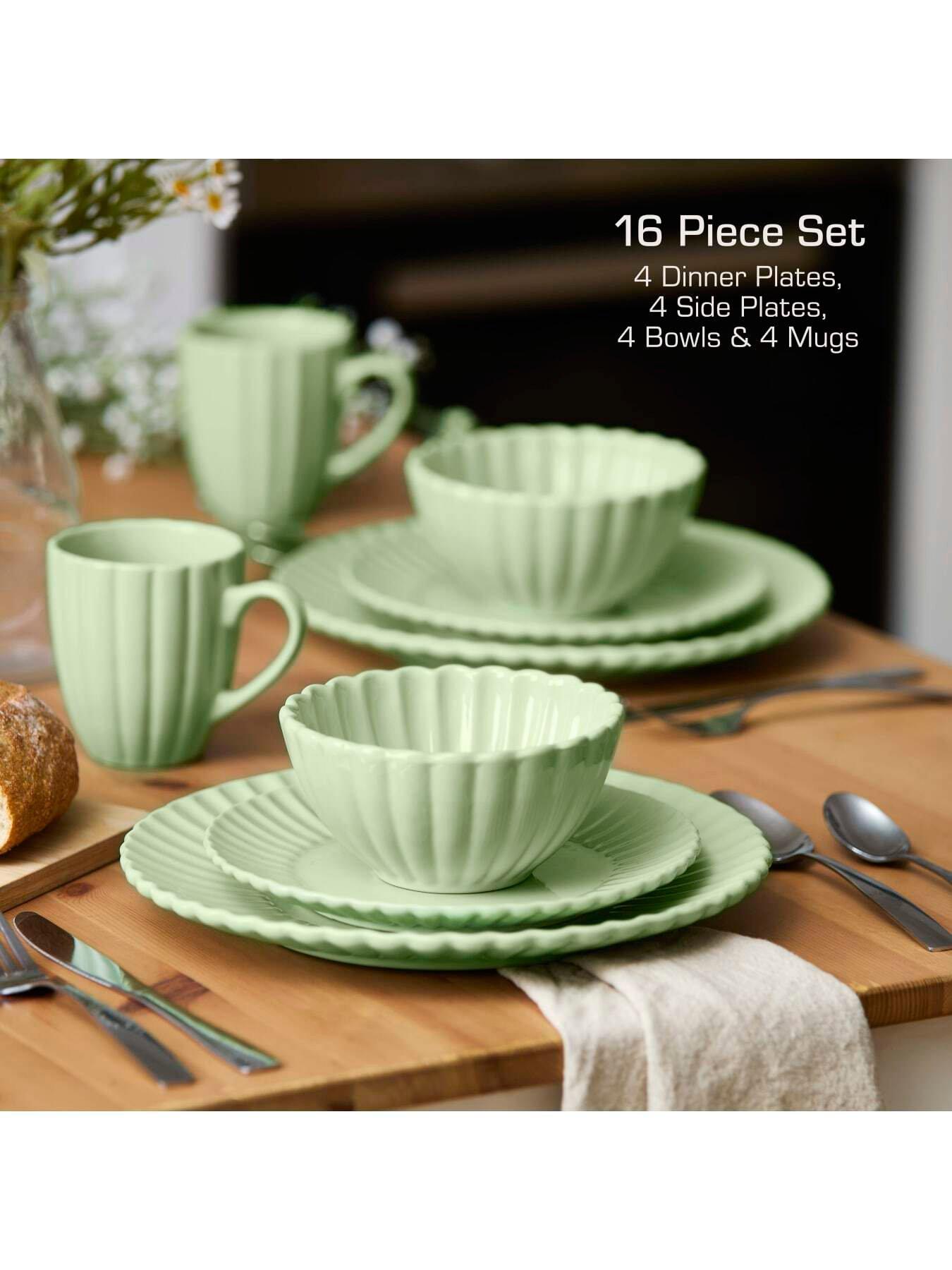 Image 6 of 8 of Swan 16 Piece Scallop Edge Stoneware Dinner Set, Green
