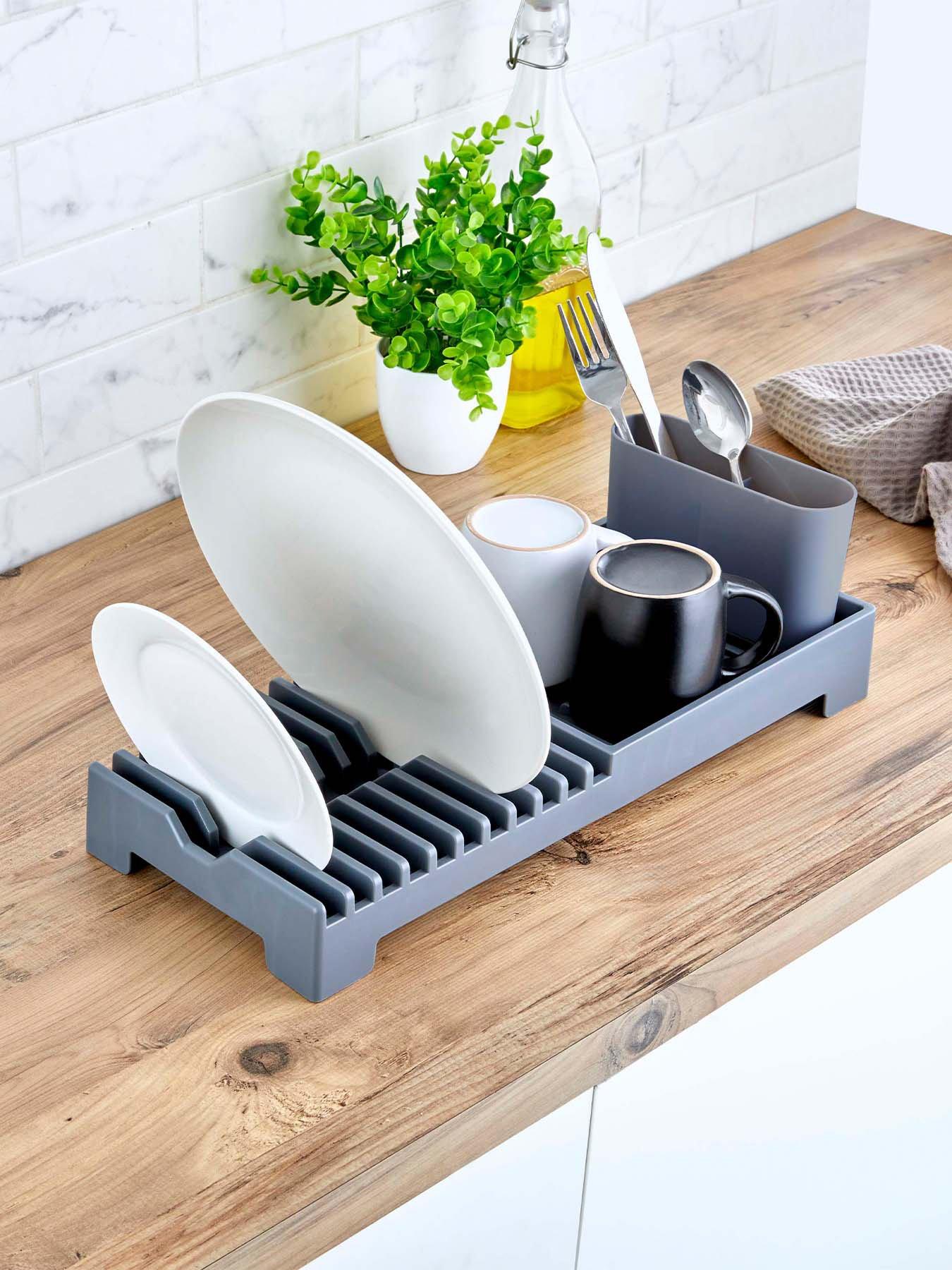 Tower Plastic Dish Drying Rack with Cutlery Holder, Grey