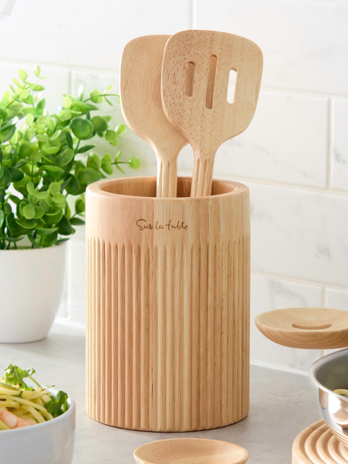 Sur La Table Set of 4 Utensils with Holder, Colour Me Happy, Natural Wood