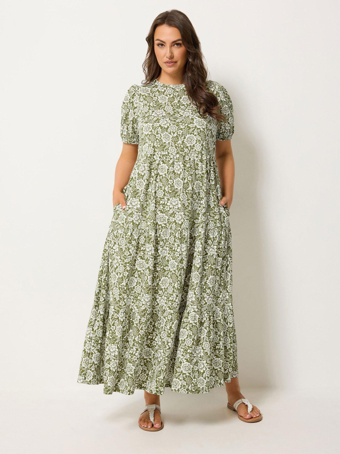 Yours Curve Puff Sleeve Floral Tiered Dress - Green