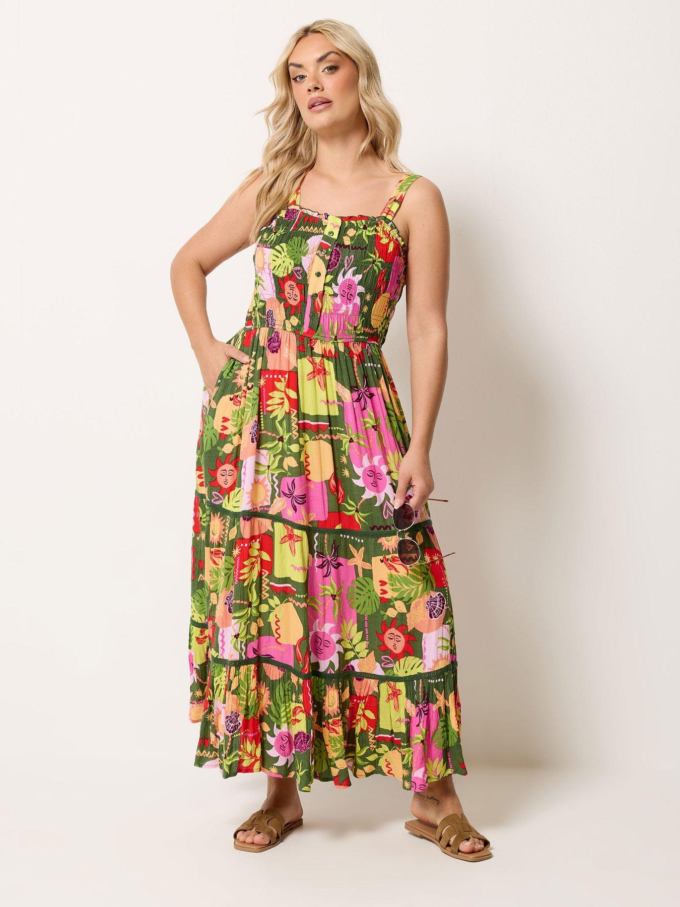 Yours Curve Shirred Postcard Print Placket Dress - Green