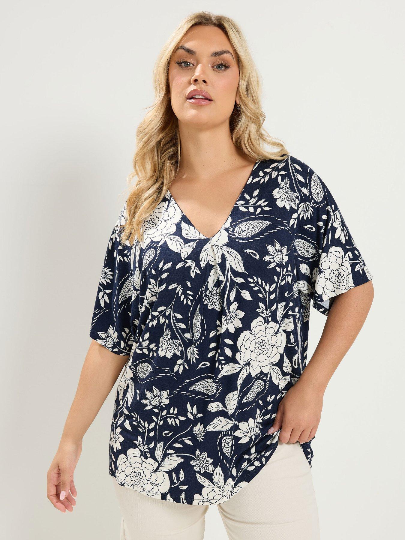 Yours Curve Floral Print Pleat Front Top - Blue