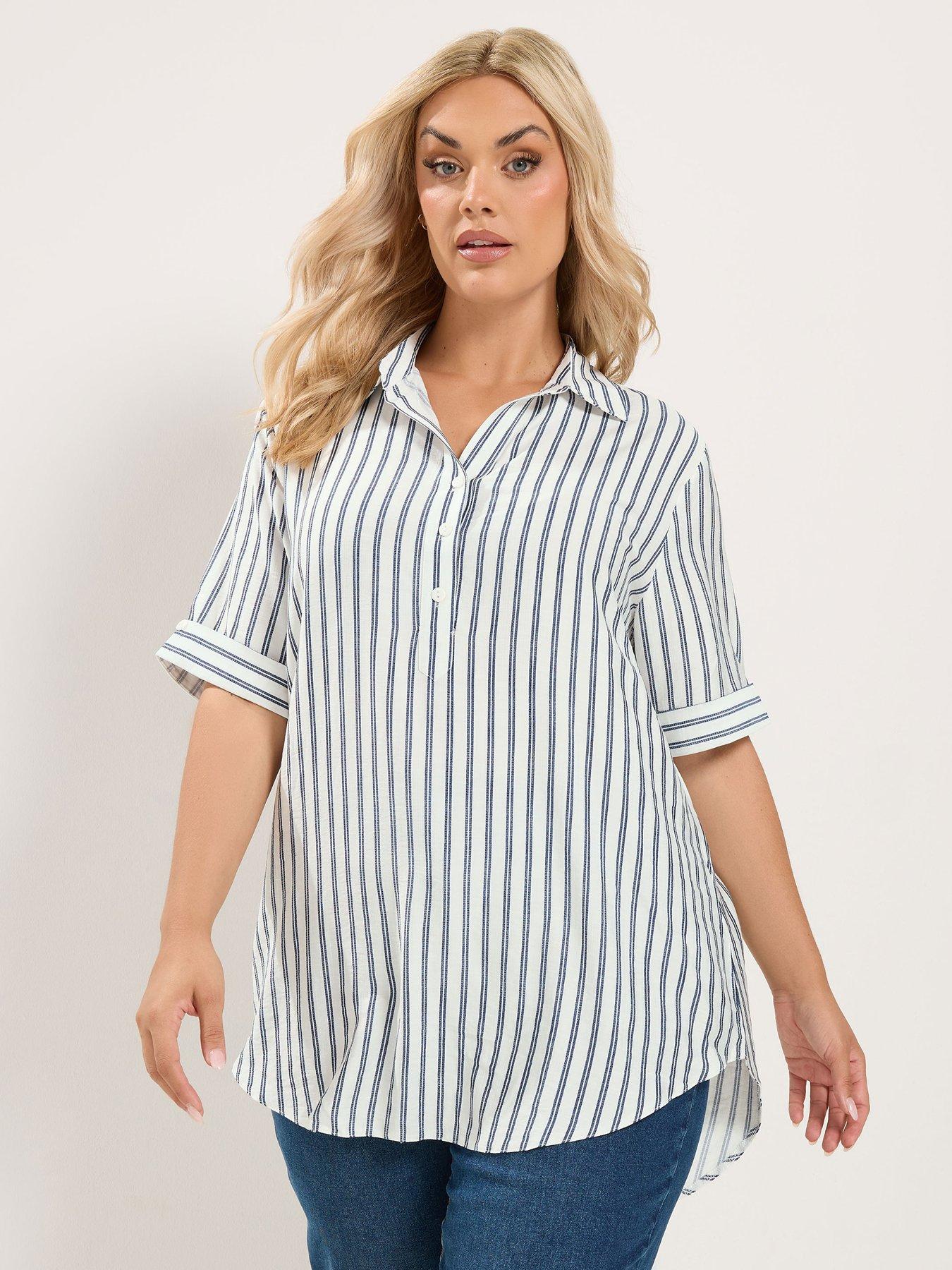 Yours Curve Stripe Half Placket Shirt - Ivory