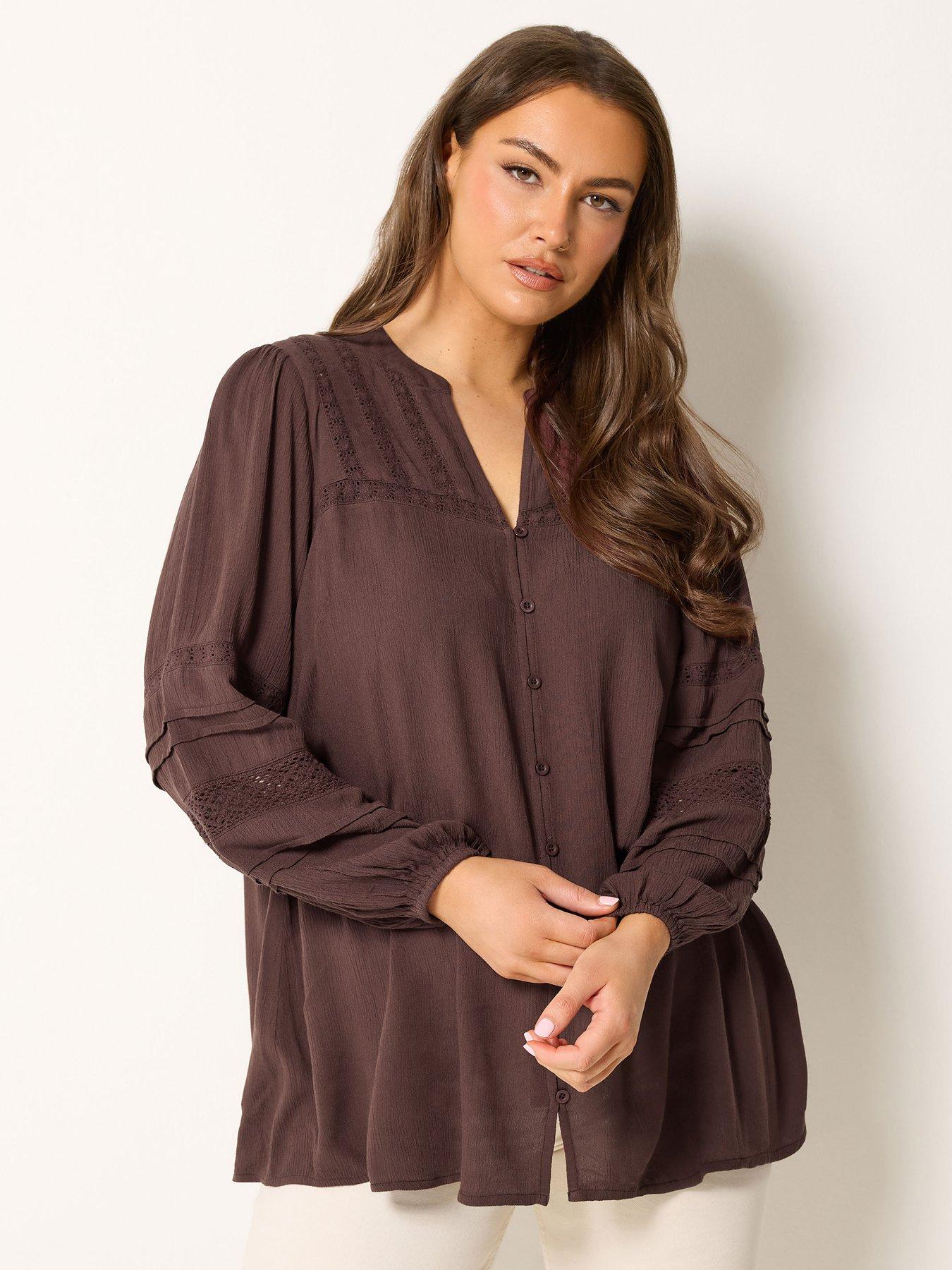 Yours Curve Crochet Sleeve Notch Neck Top - Brown