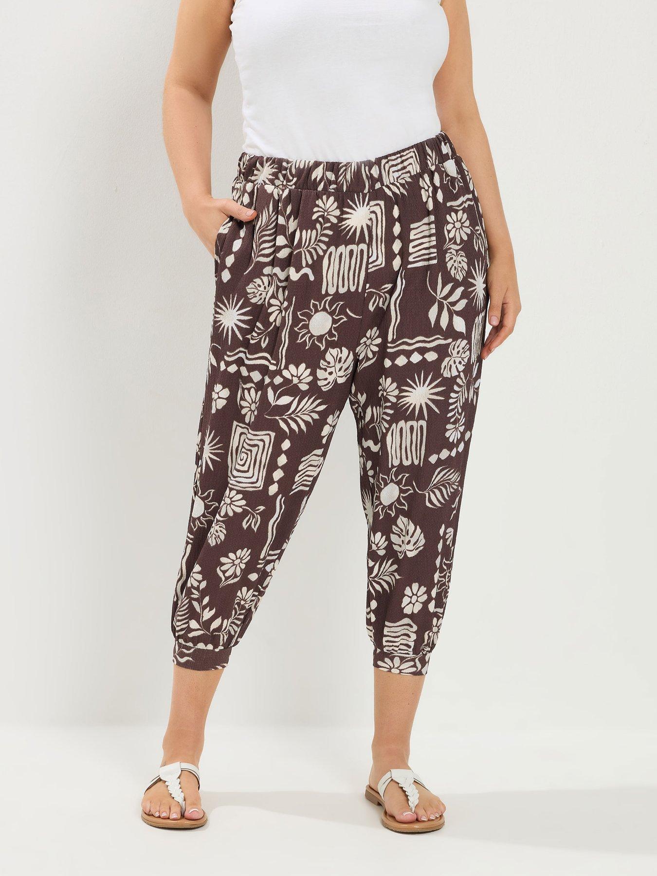 Yours Curve Floral Cropped Harem Trousers - Brown