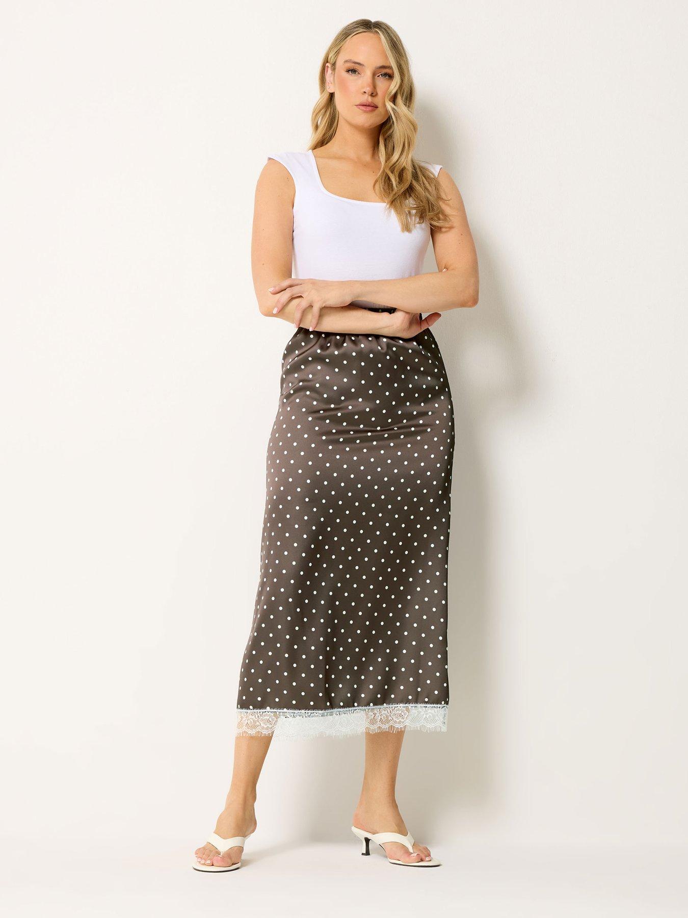 Yours Tall Spot Midaxi Lace Hem Skirt - Brown