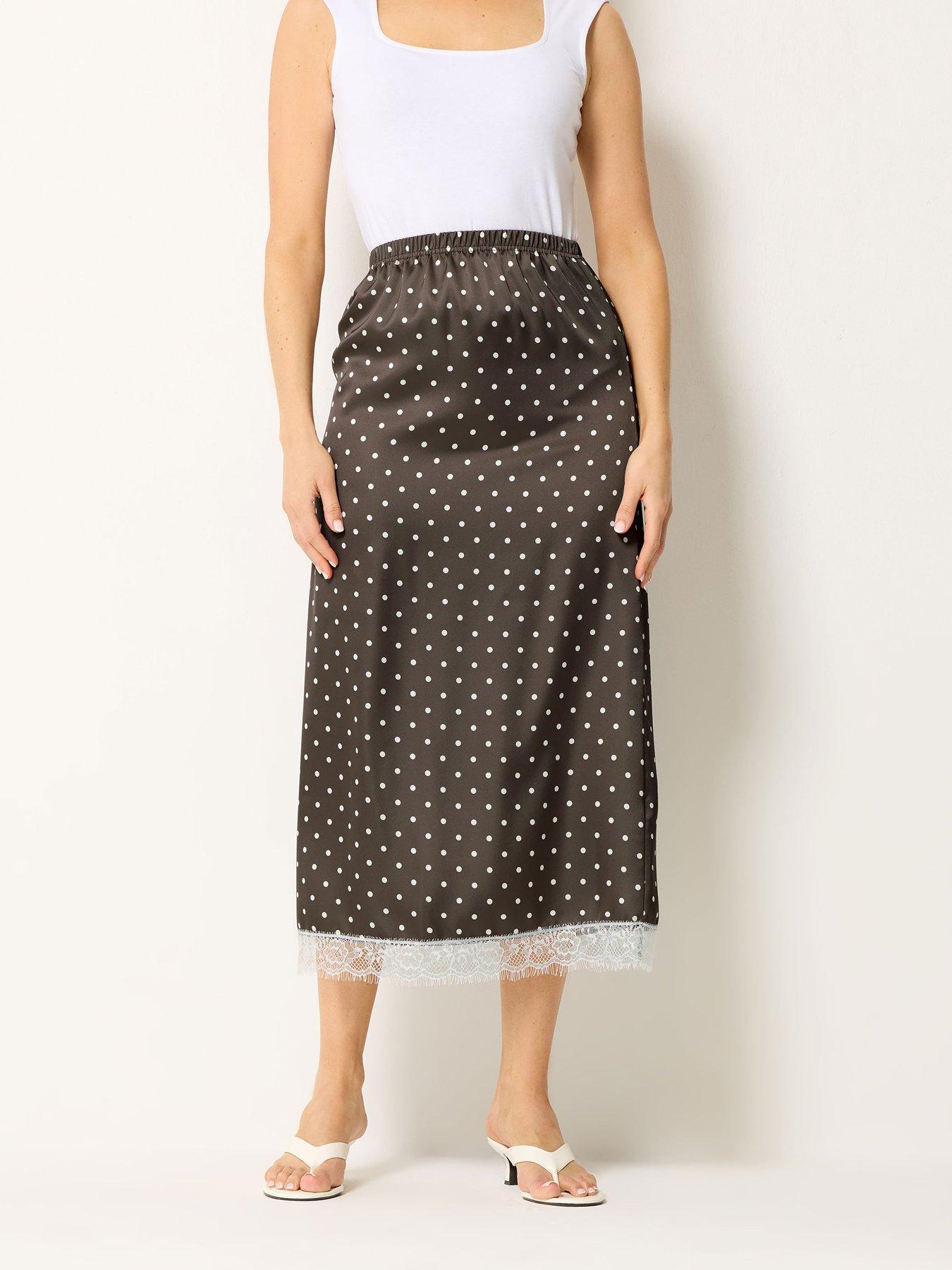 Image 3 of 4 of Long Tall Sally Tall Spot Midaxi Lace Hem Skirt - Brown