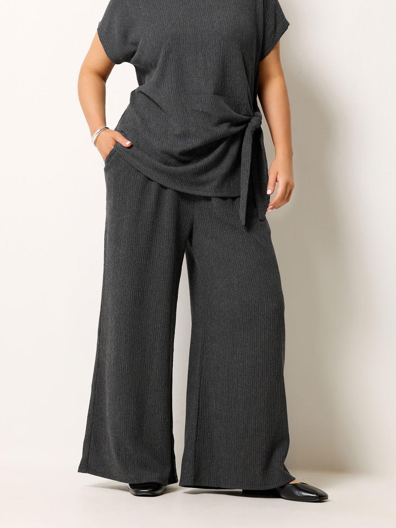 Yours Curve Wide Leg Textured 30" Trousers - Grey