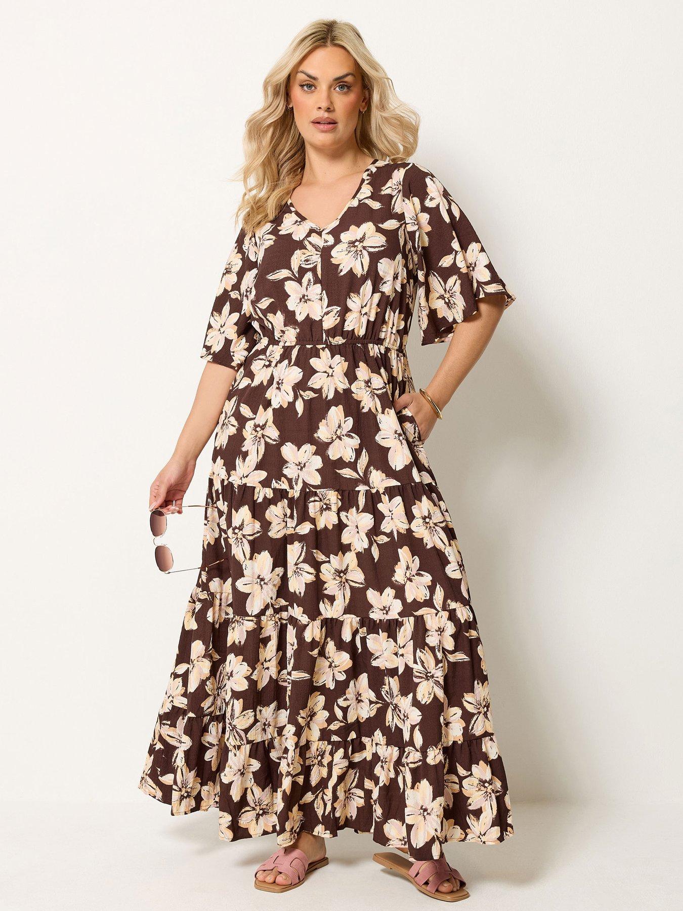 Yours Curve Floral Tiered Maxi Dress - Brown