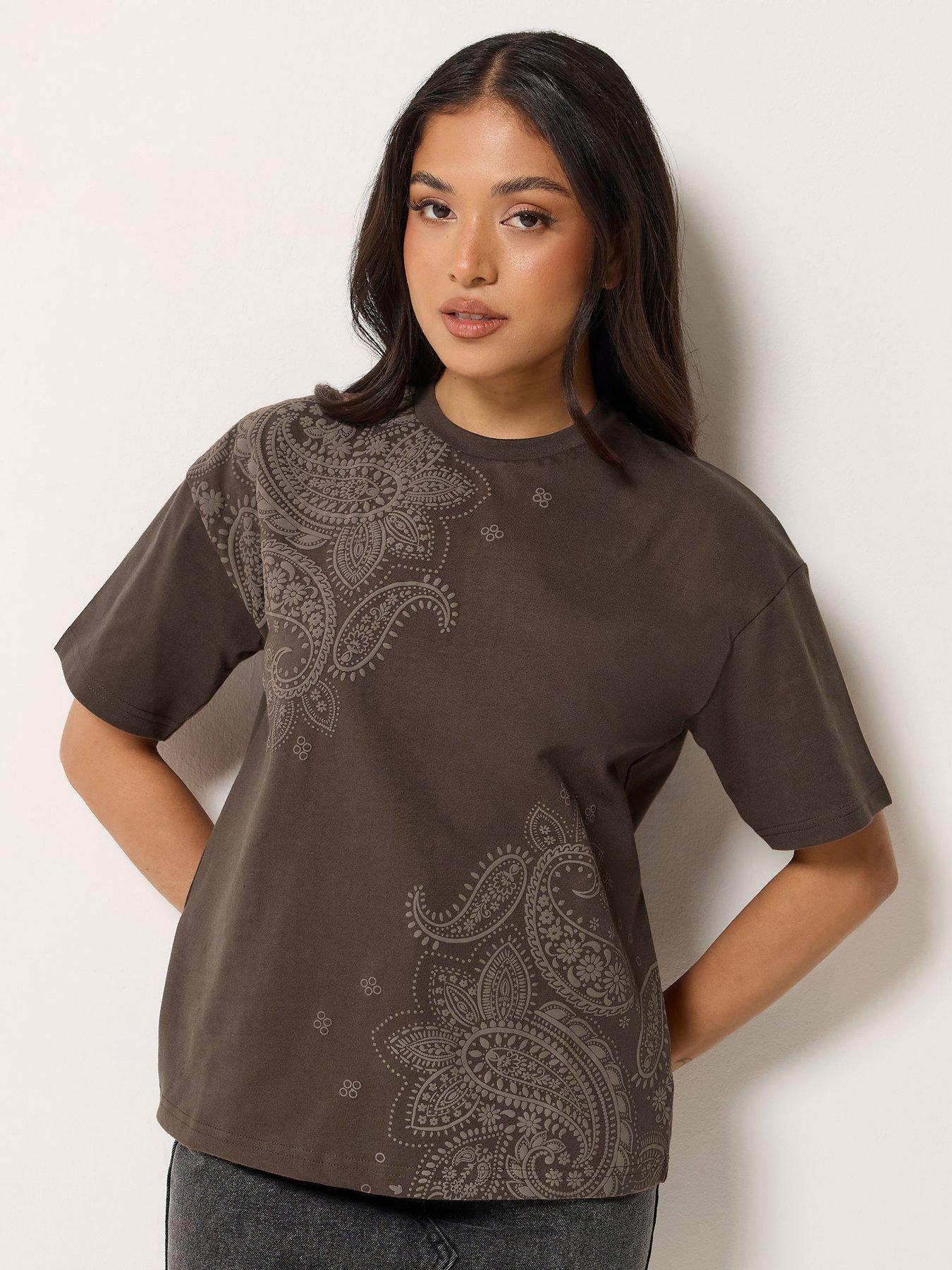Image 1 of 4 of PixieGirl Petite Paisley Puff Short Sleeve T-Shirt - Brown
