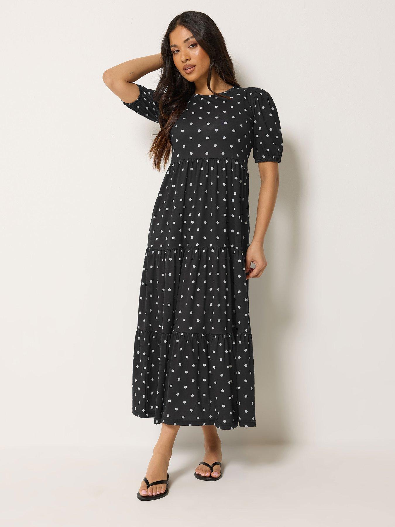 PixieGirl Petite Spot Tiered Maxi Dress - Black