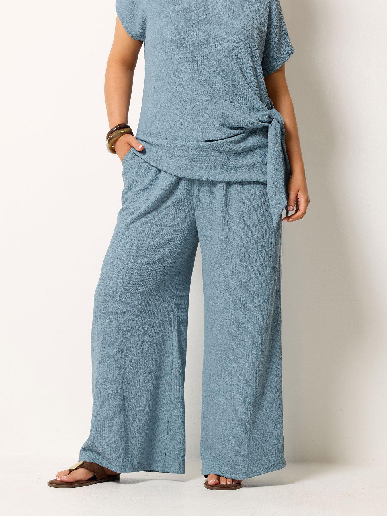 Yours Curve Wide Leg Textured 30" Trousers - Blue