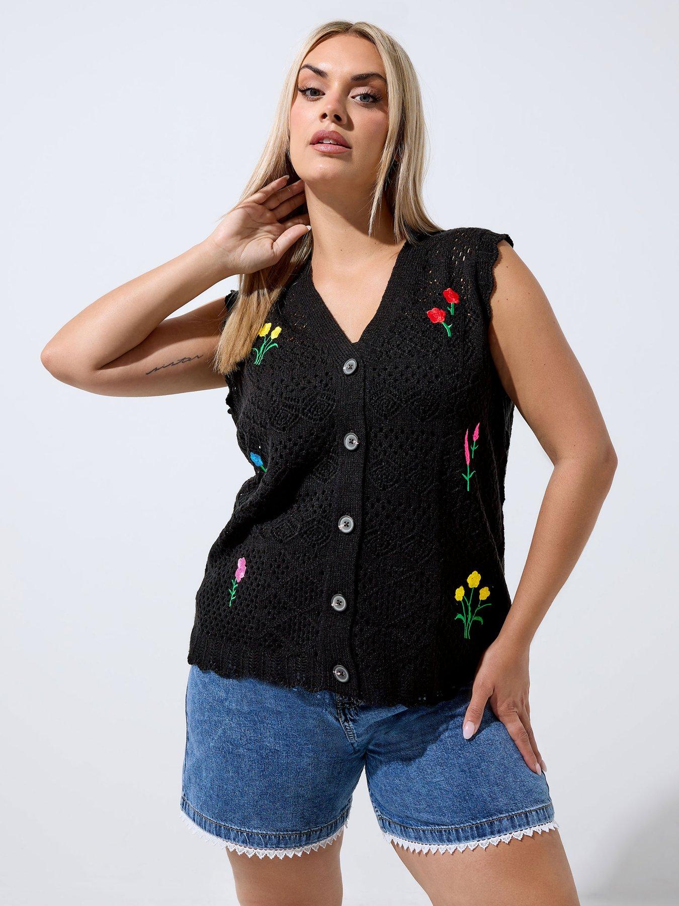 Yours Curve Floral Embroidered Knitted Waistcoat - Black