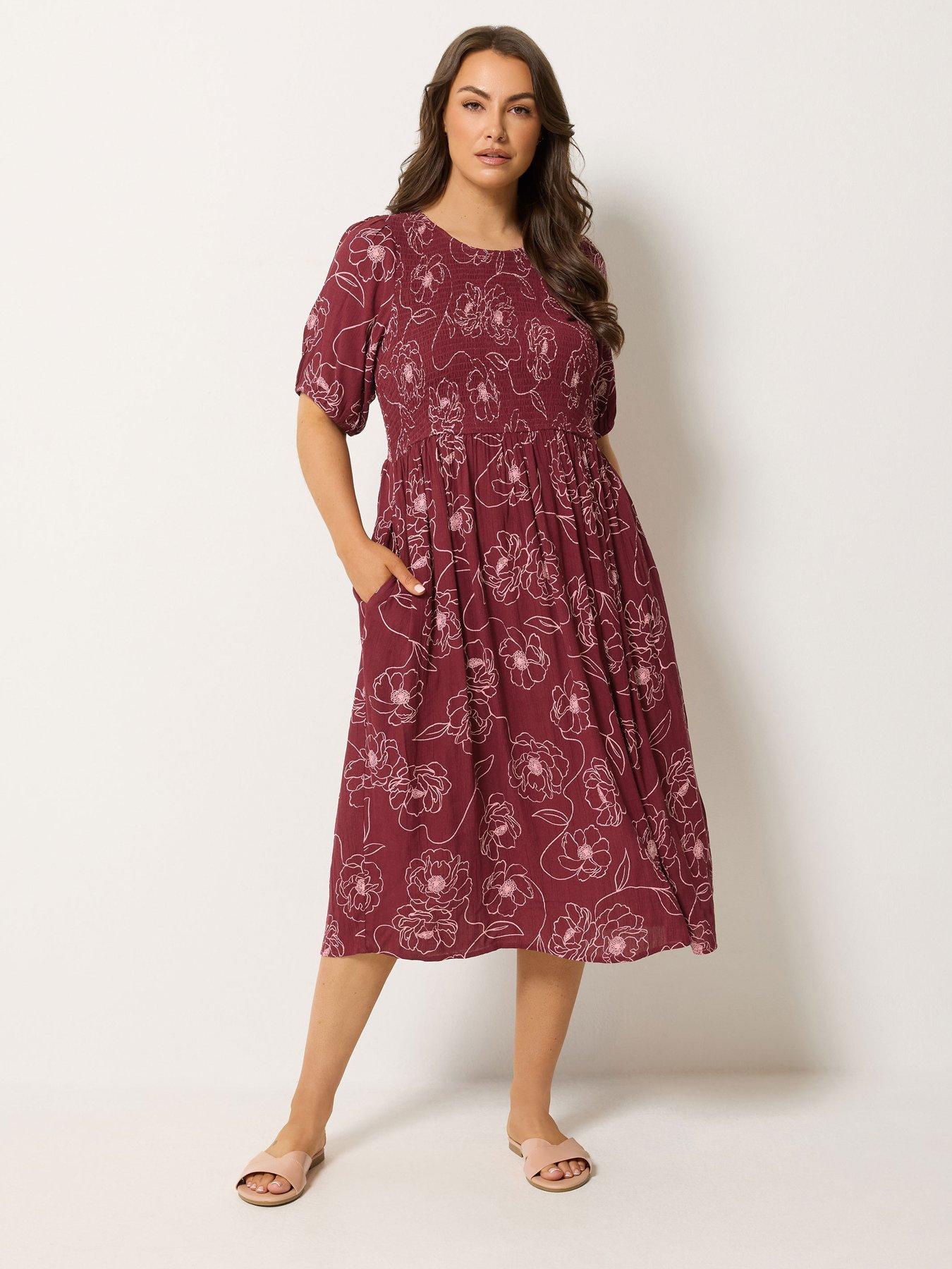 Yours Curve Shirred Puff Sleeve Midaxi Dress - Red