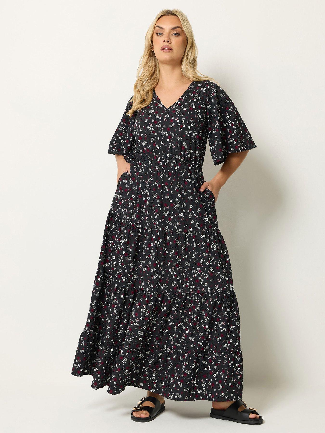 Yours Curve Floral Ditsy Print Textured Maxi Dress - Black