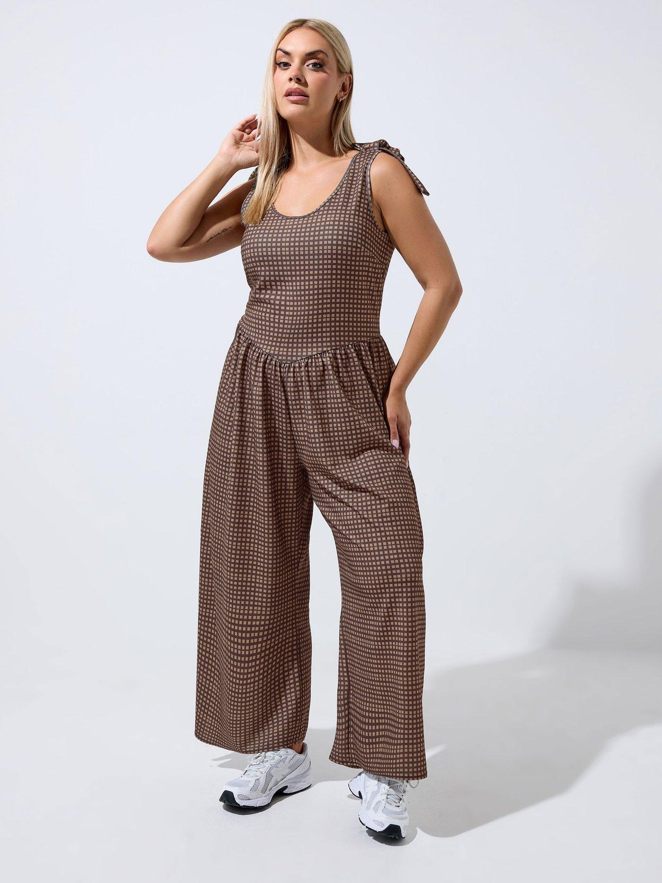 Yours Curve Gingham Jumpsuit - Brown