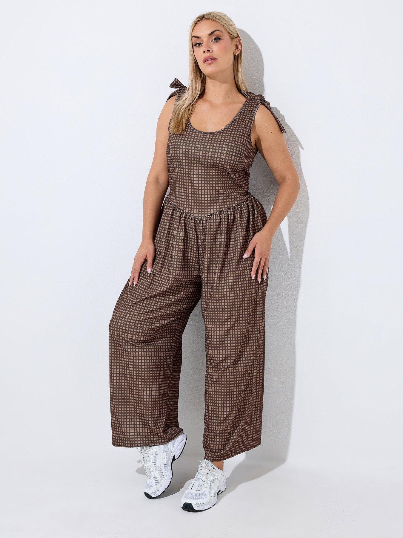 Image 3 of 4 of Yours Curve Gingham Jumpsuit - Brown