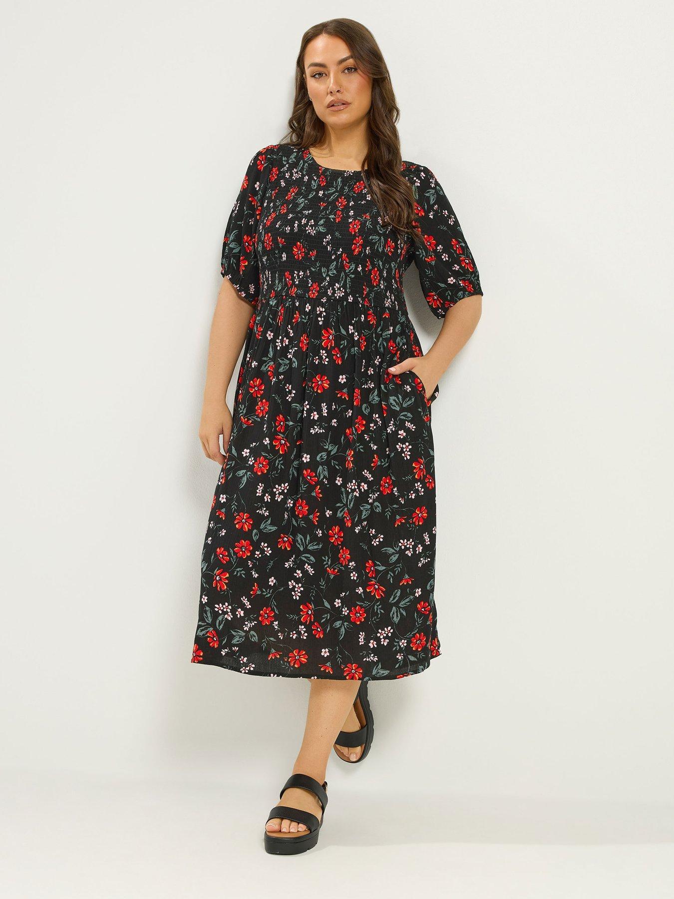 Yours Curve Shirred Puff Sleeve Midaxi Dress - Black