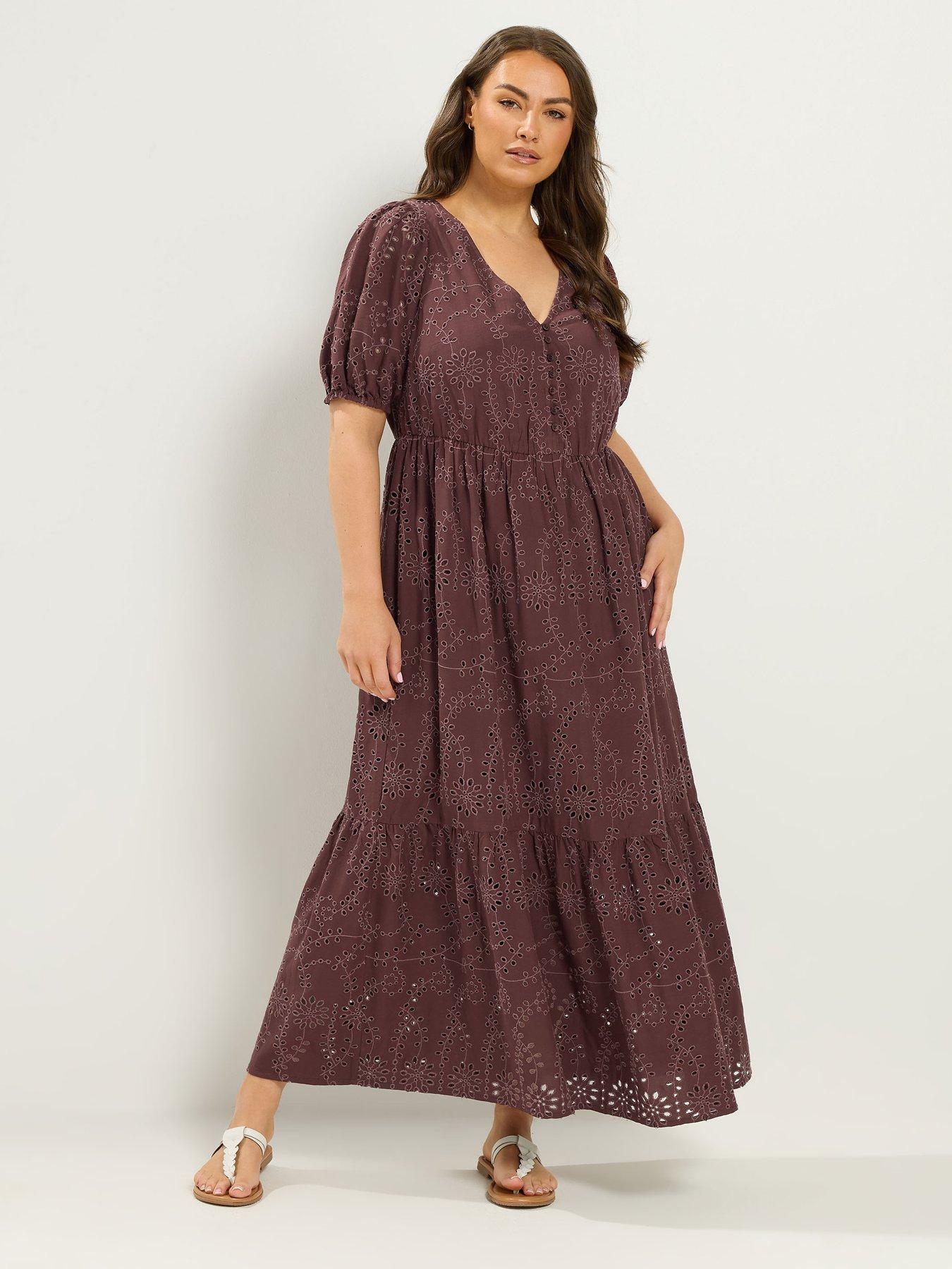 Yours Curve Broderie Tea Dress - Brown