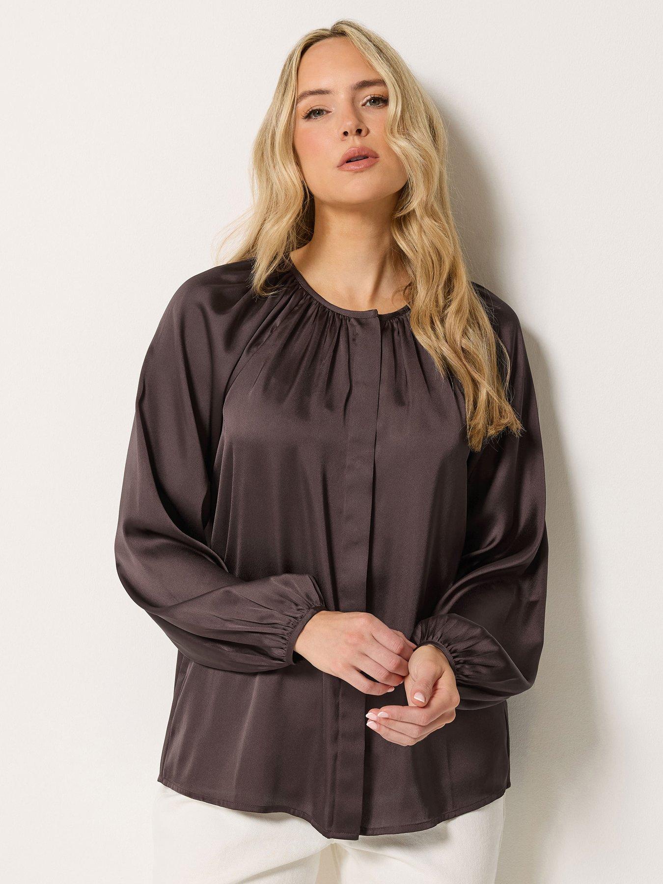 Image 1 of 4 of Yours Tall Satin Button Top - Brown