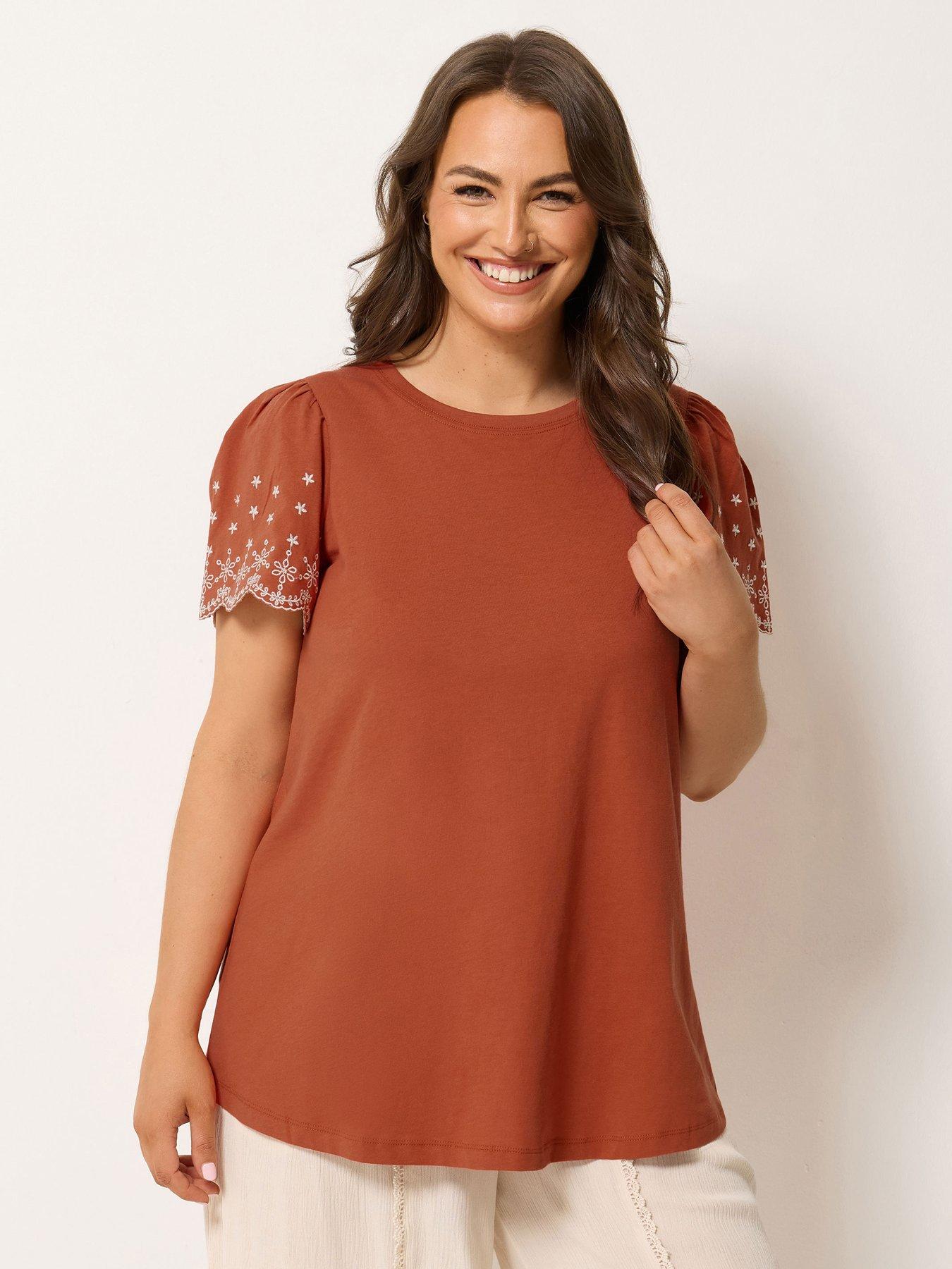 Yours Curve Angel Sleeve Embroidered T-Shirt - Orange
