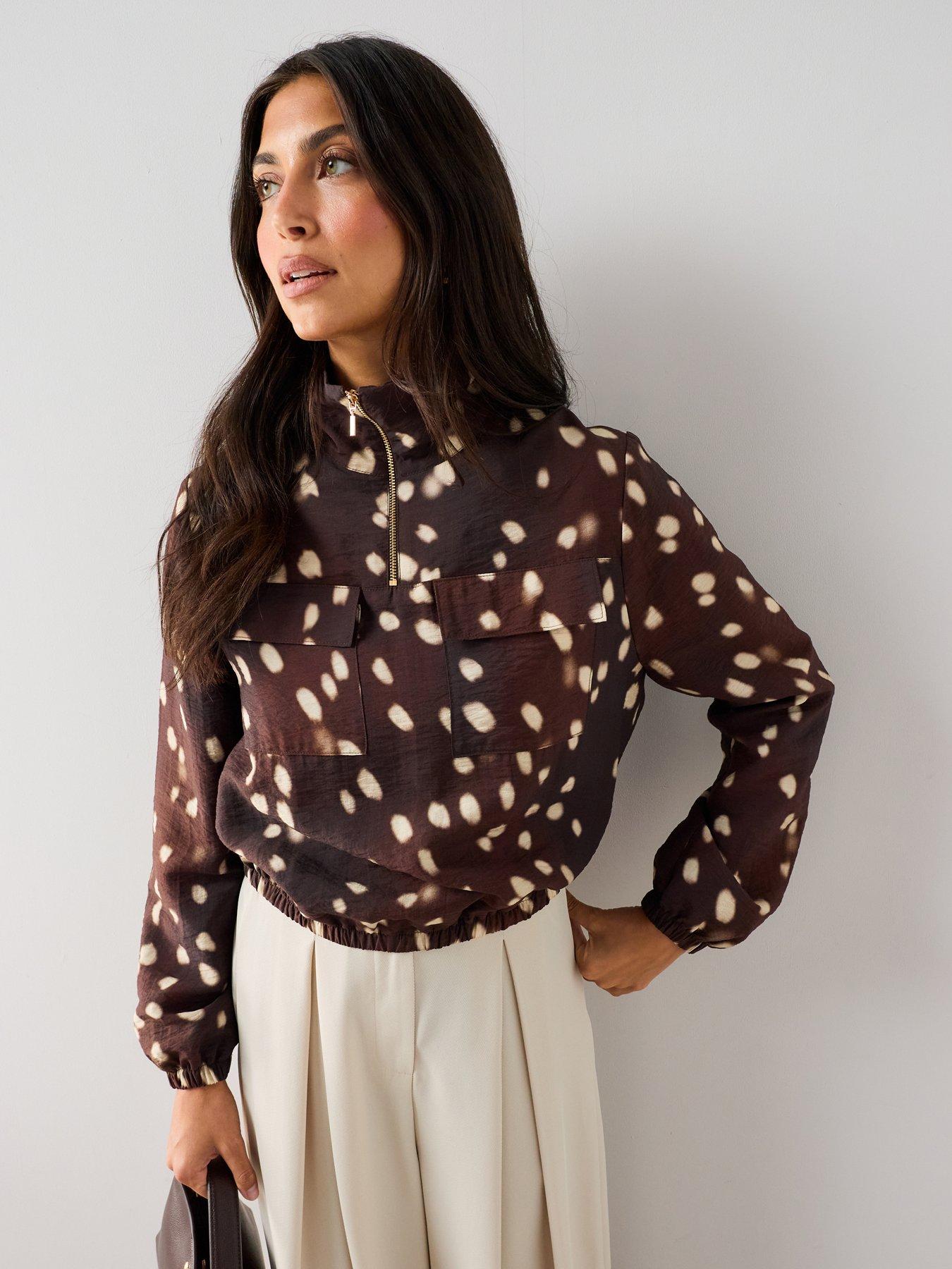 Image 1 of 7 of The Very Collection Women's Bambi Print Funnel Neck Lightweight Quarter Zip Jacket - Brown