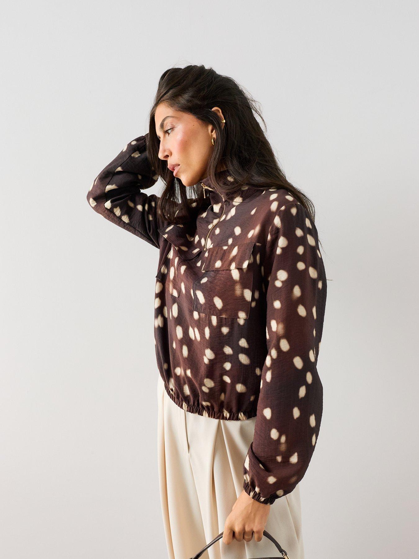 Image 4 of 7 of The Very Collection Women's Bambi Print Funnel Neck Lightweight Quarter Zip Jacket - Brown