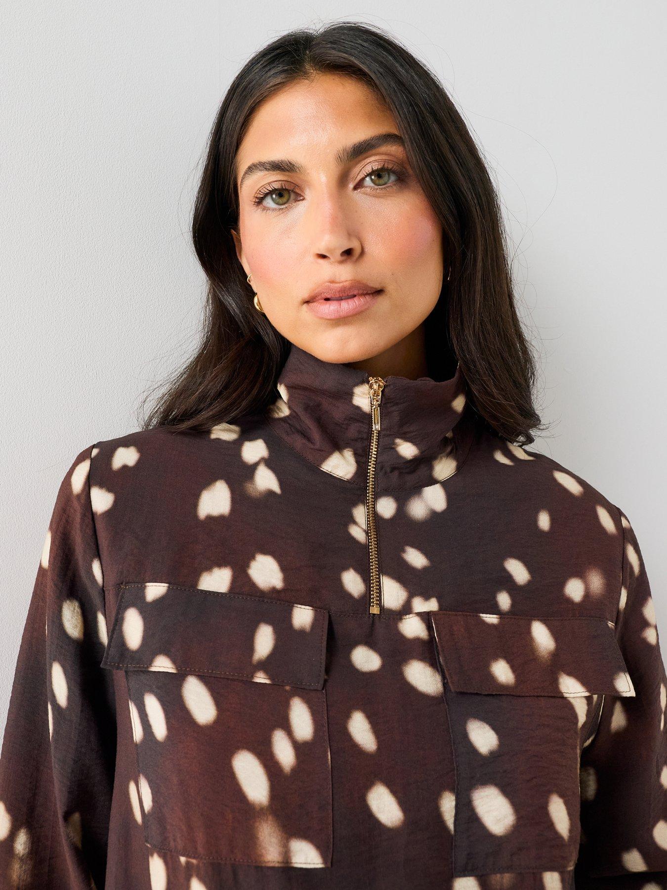 Image 6 of 7 of The Very Collection Women's Bambi Print Funnel Neck Lightweight Quarter Zip Jacket - Brown